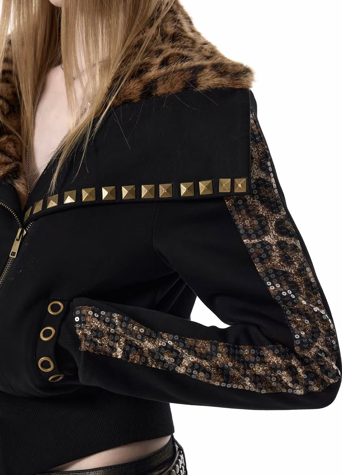 LEOPARD FUR COLLAR STUDDED JACKET