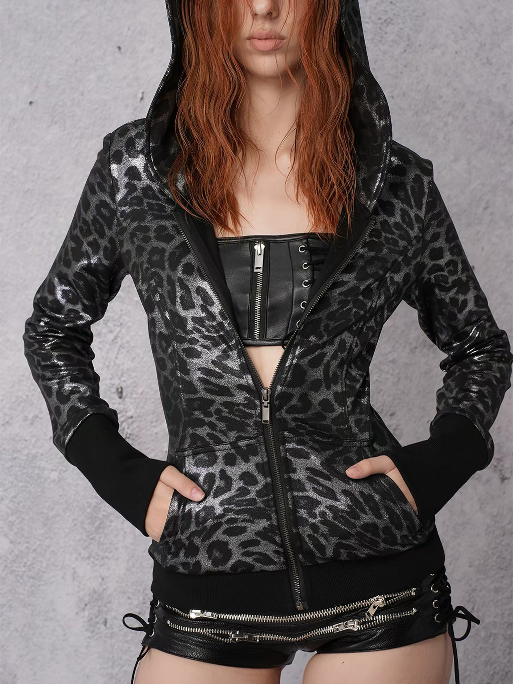 METALLIC LEOPARD ZIP HOODIE