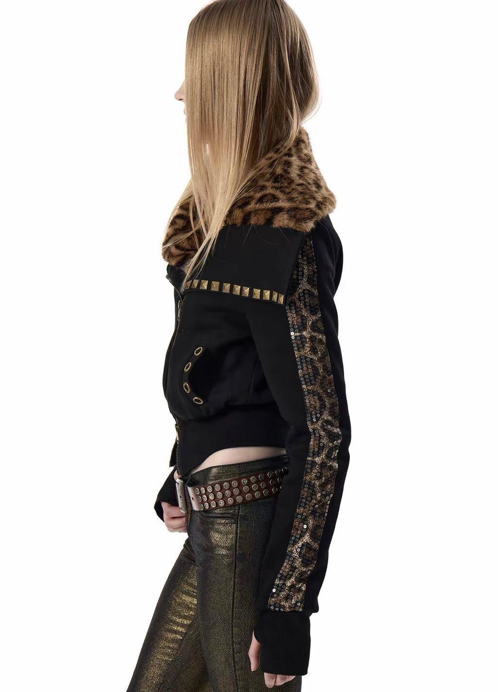 LEOPARD FUR COLLAR STUDDED JACKET