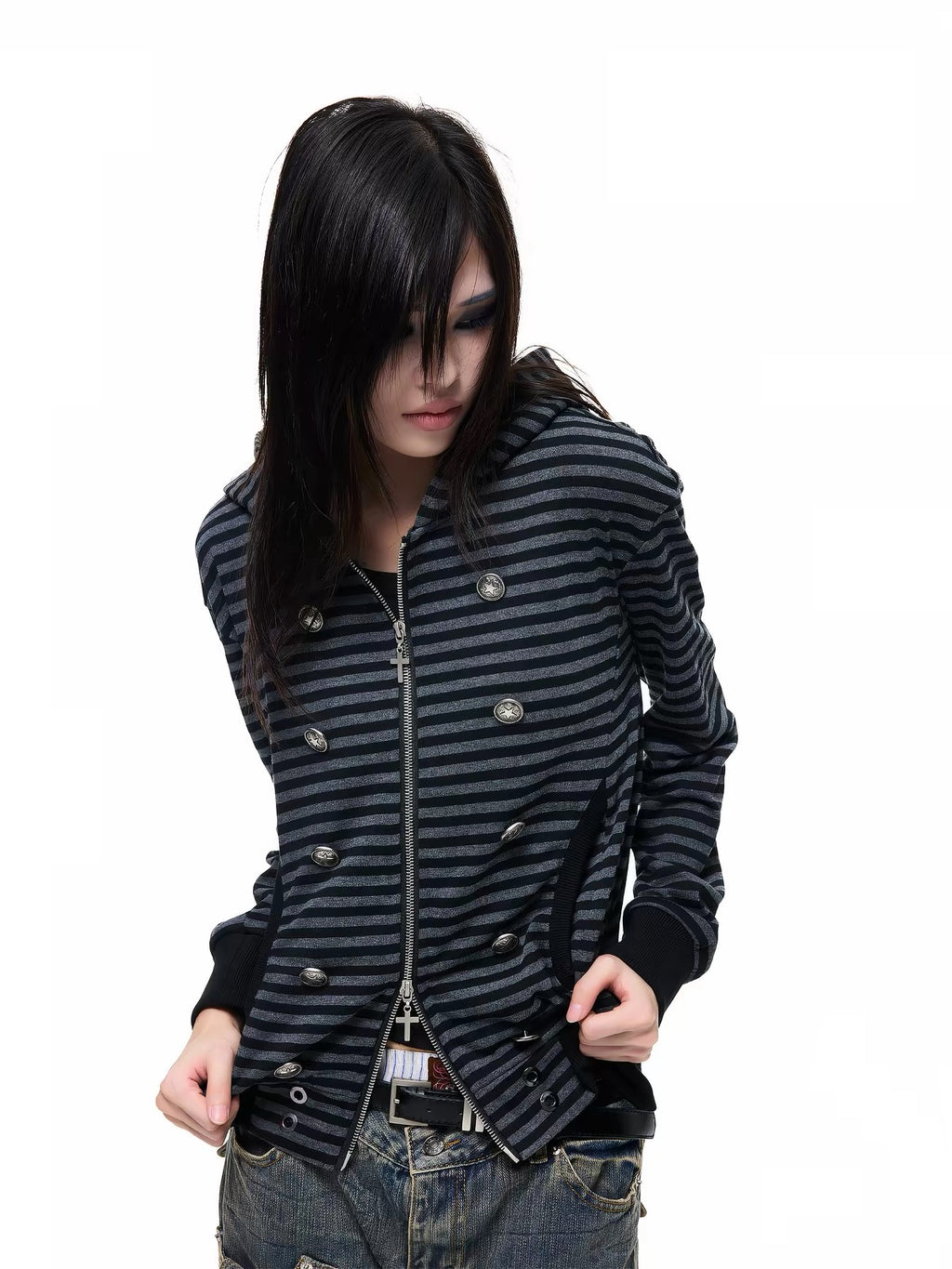 STRIPED DOUBLE-BREASTED HOODIE