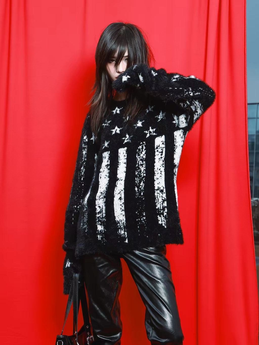 DISTRESSED STAR FLAG FUZZY KNIT