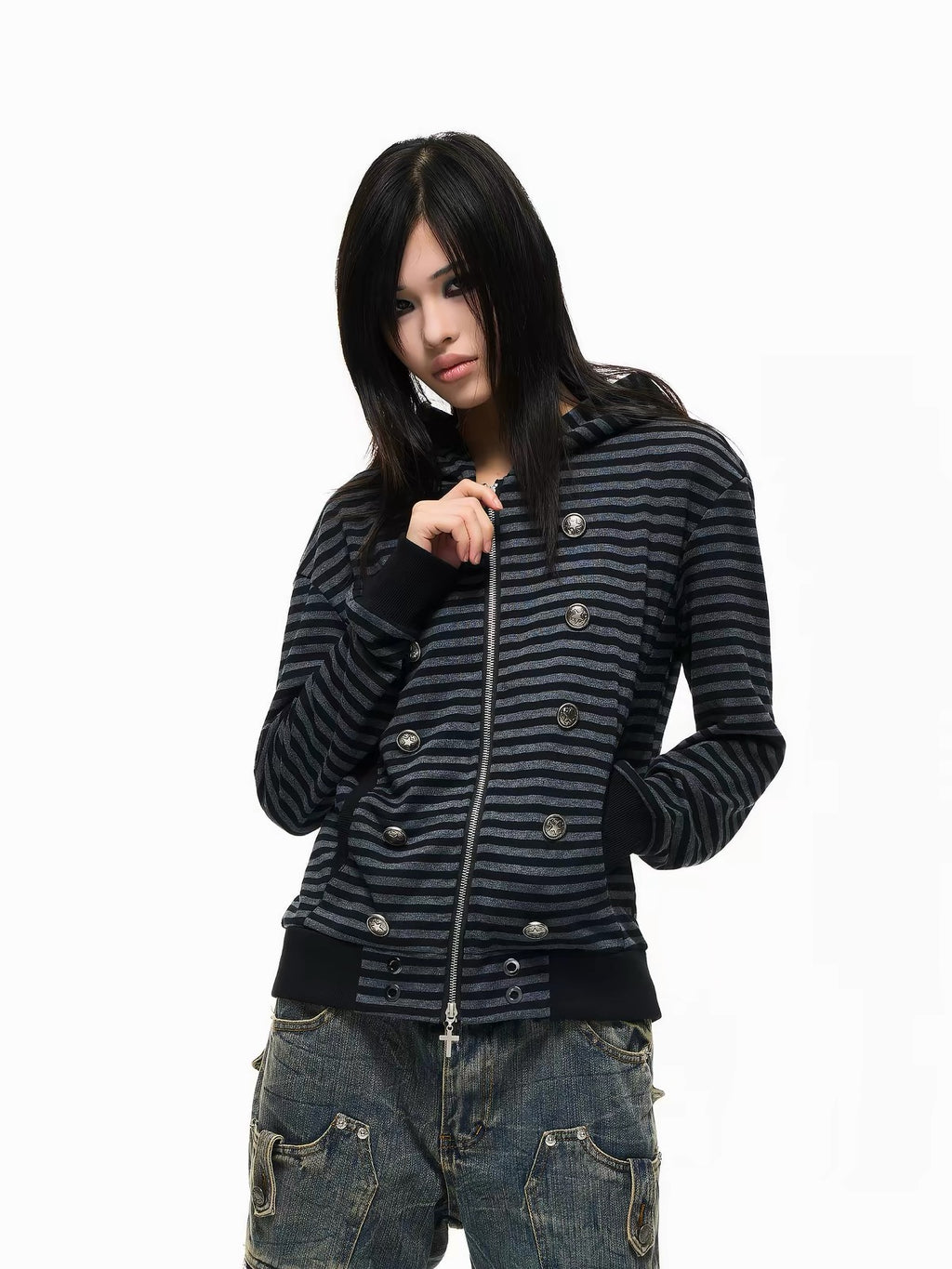 STRIPED DOUBLE-BREASTED HOODIE