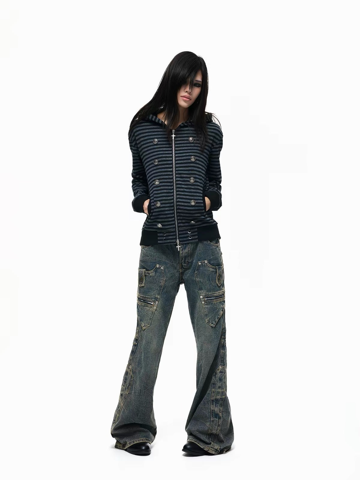 STRIPED DOUBLE-BREASTED HOODIE
