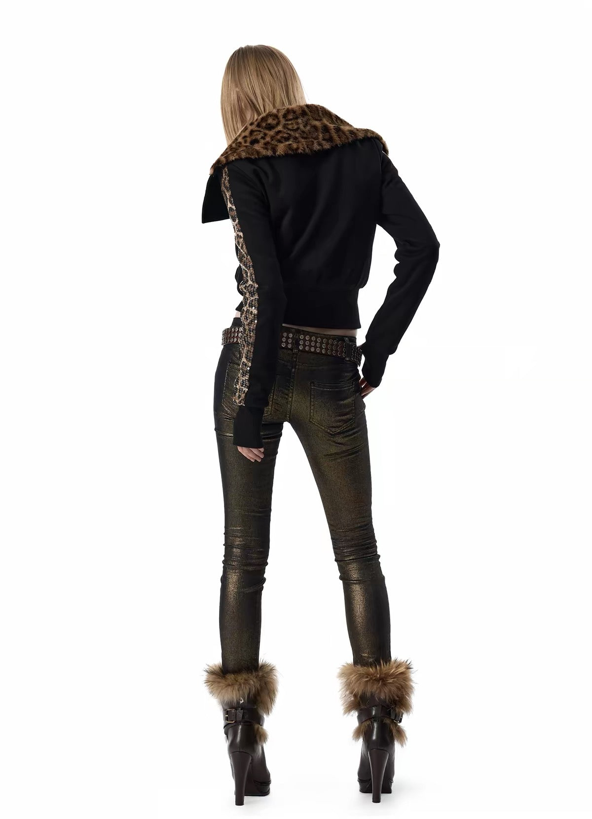 LEOPARD FUR COLLAR STUDDED JACKET
