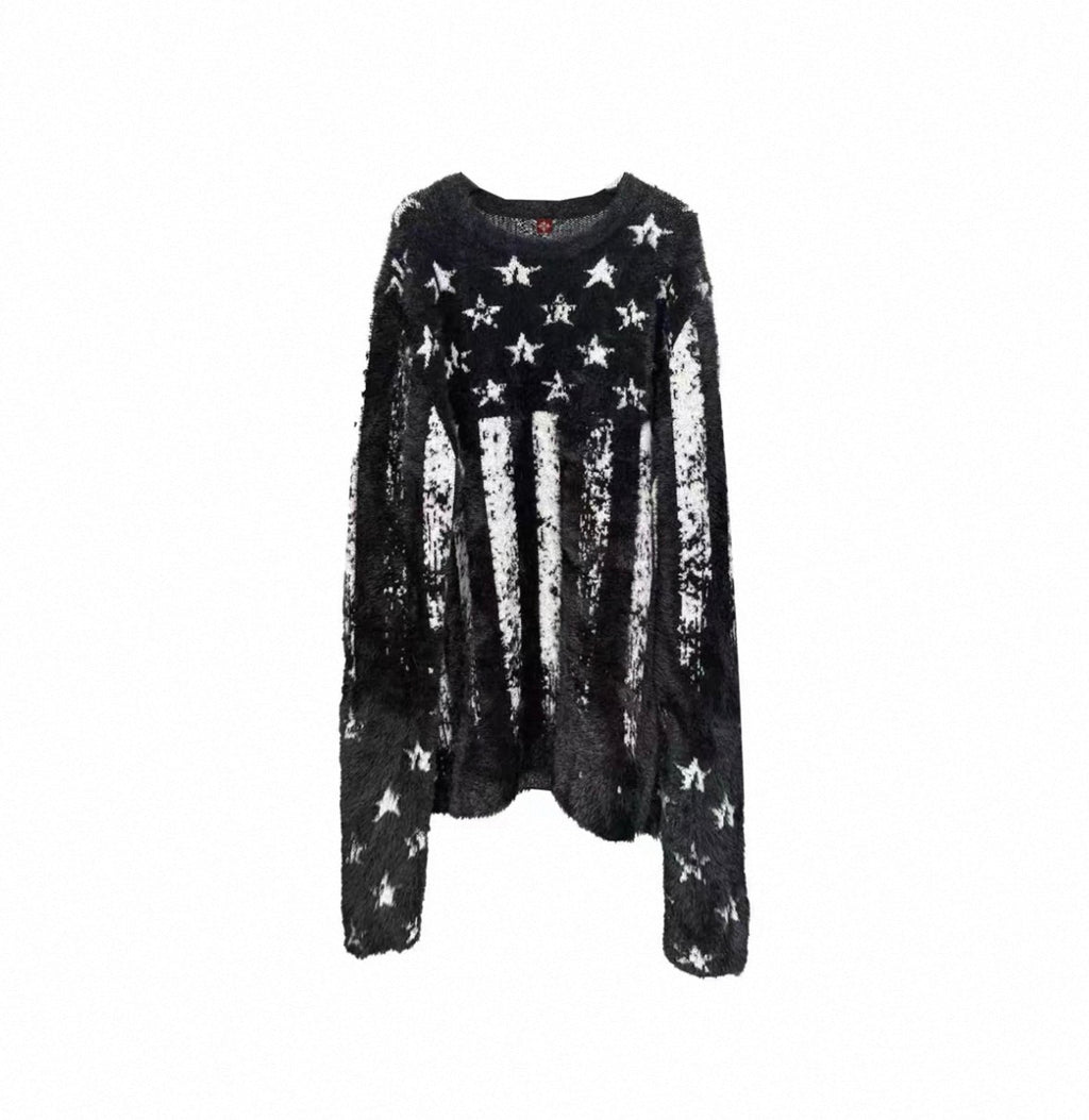 DISTRESSED STAR FLAG FUZZY KNIT