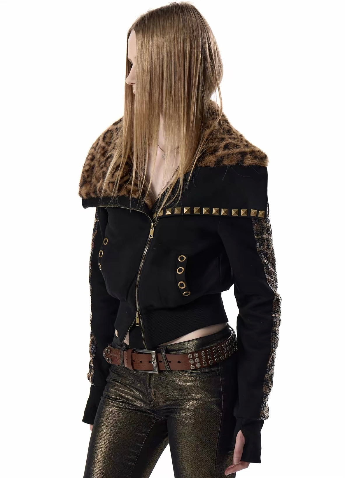 LEOPARD FUR COLLAR STUDDED JACKET