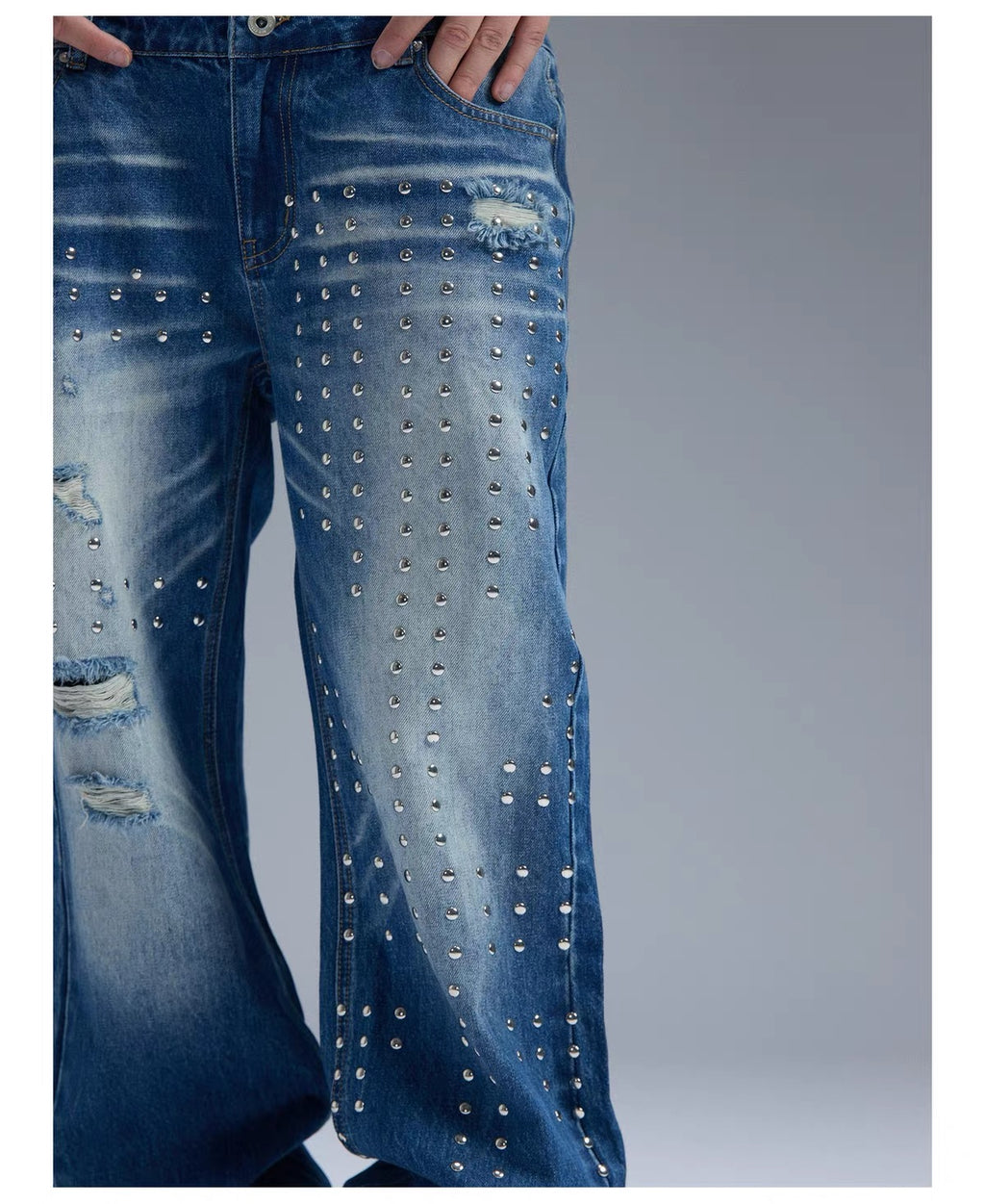 RIVETED RHINESTONE FLARED JEANS