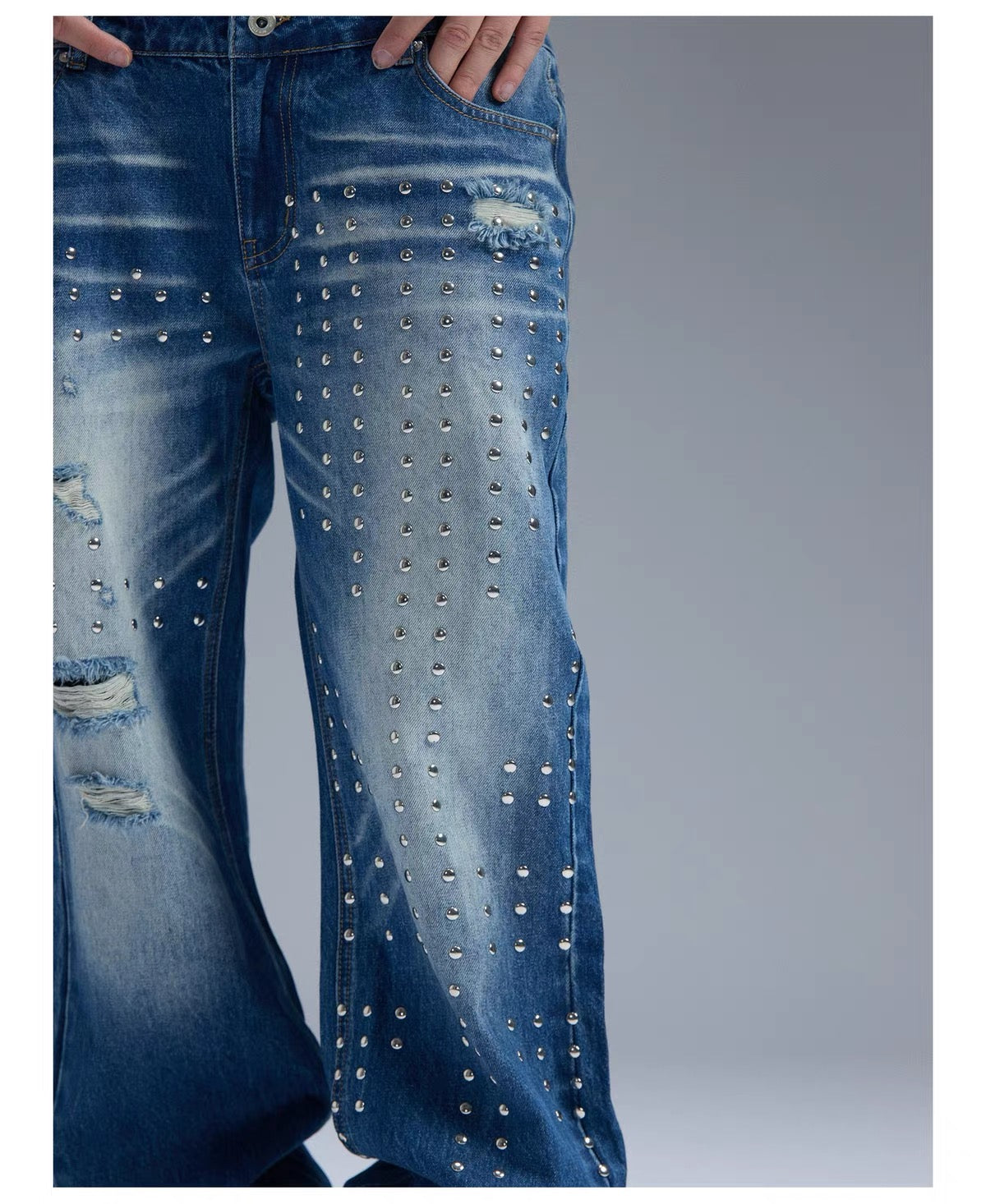 RIVETED RHINESTONE FLARED JEANS