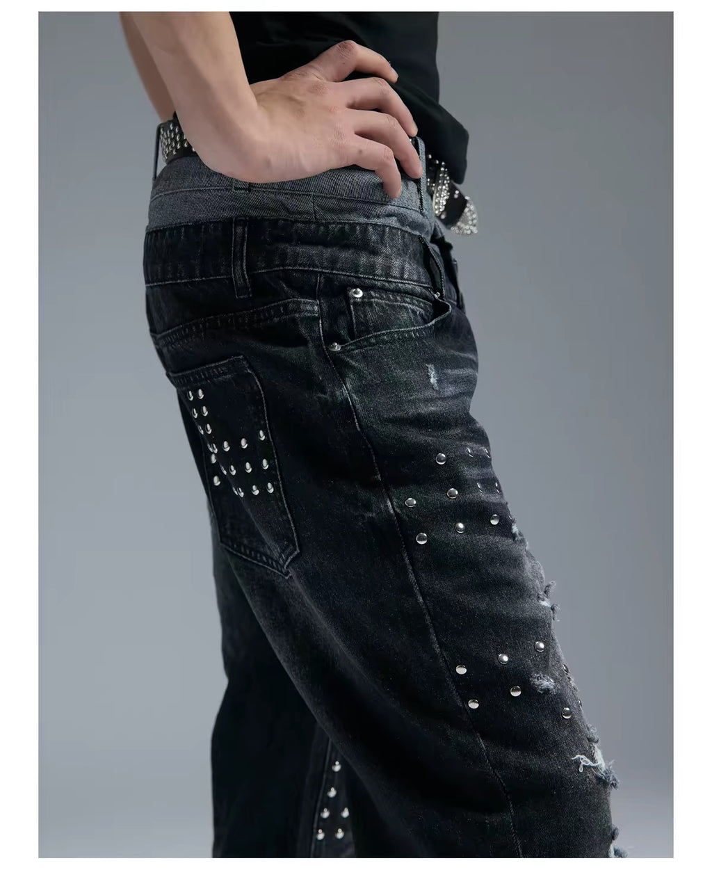 RIVETED RHINESTONE FLARED JEANS
