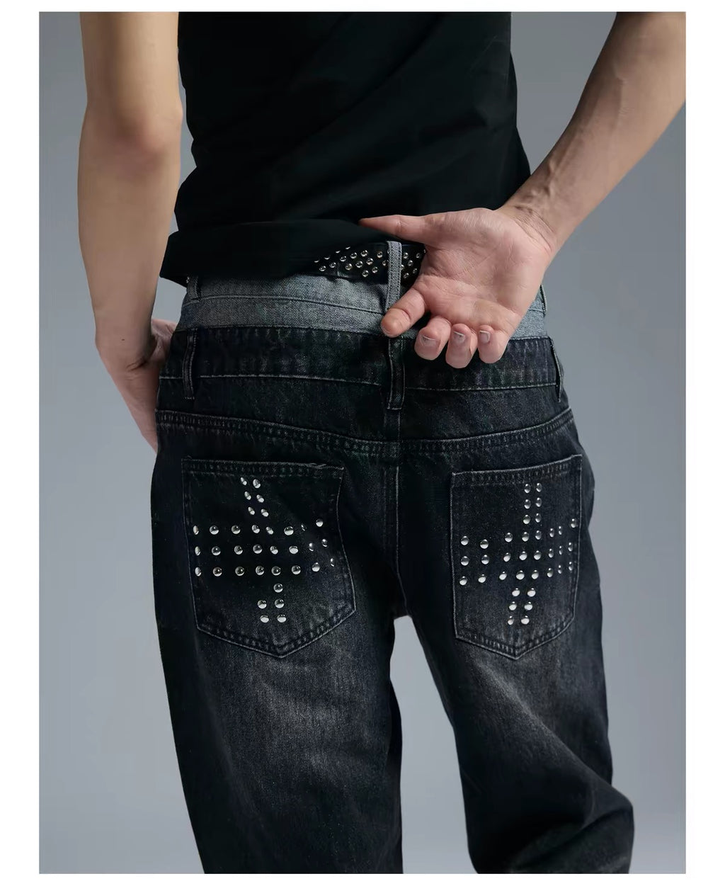 RIVETED RHINESTONE FLARED JEANS
