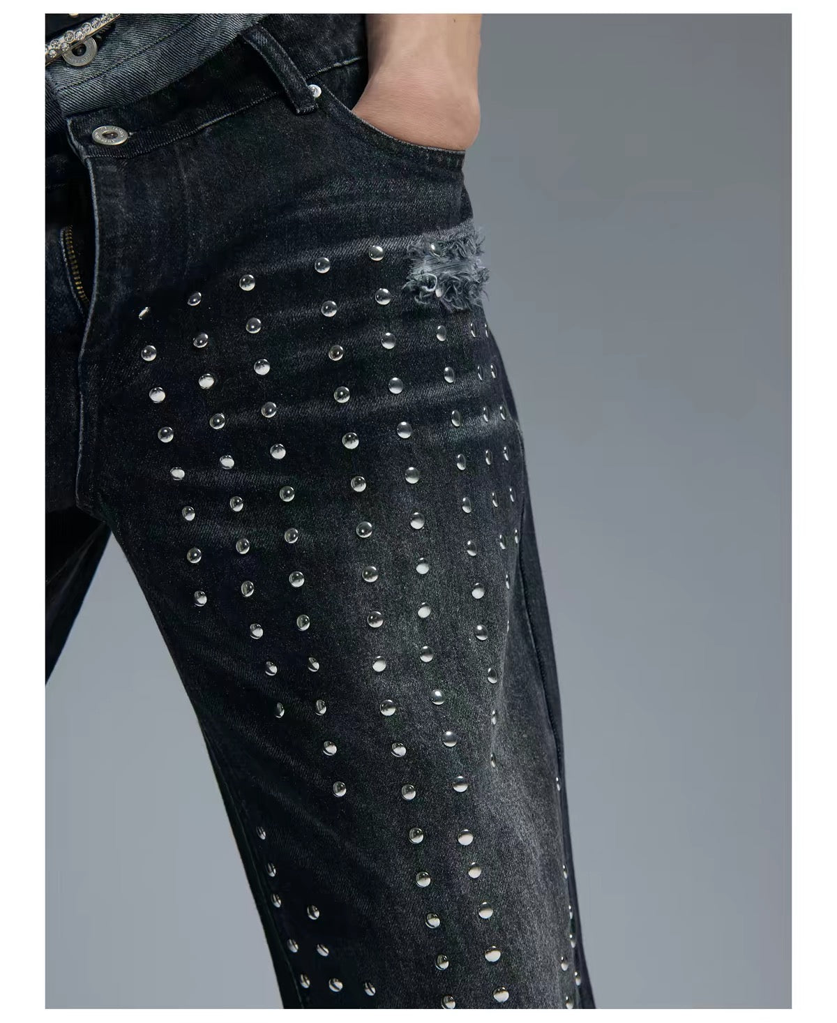 RIVETED RHINESTONE FLARED JEANS