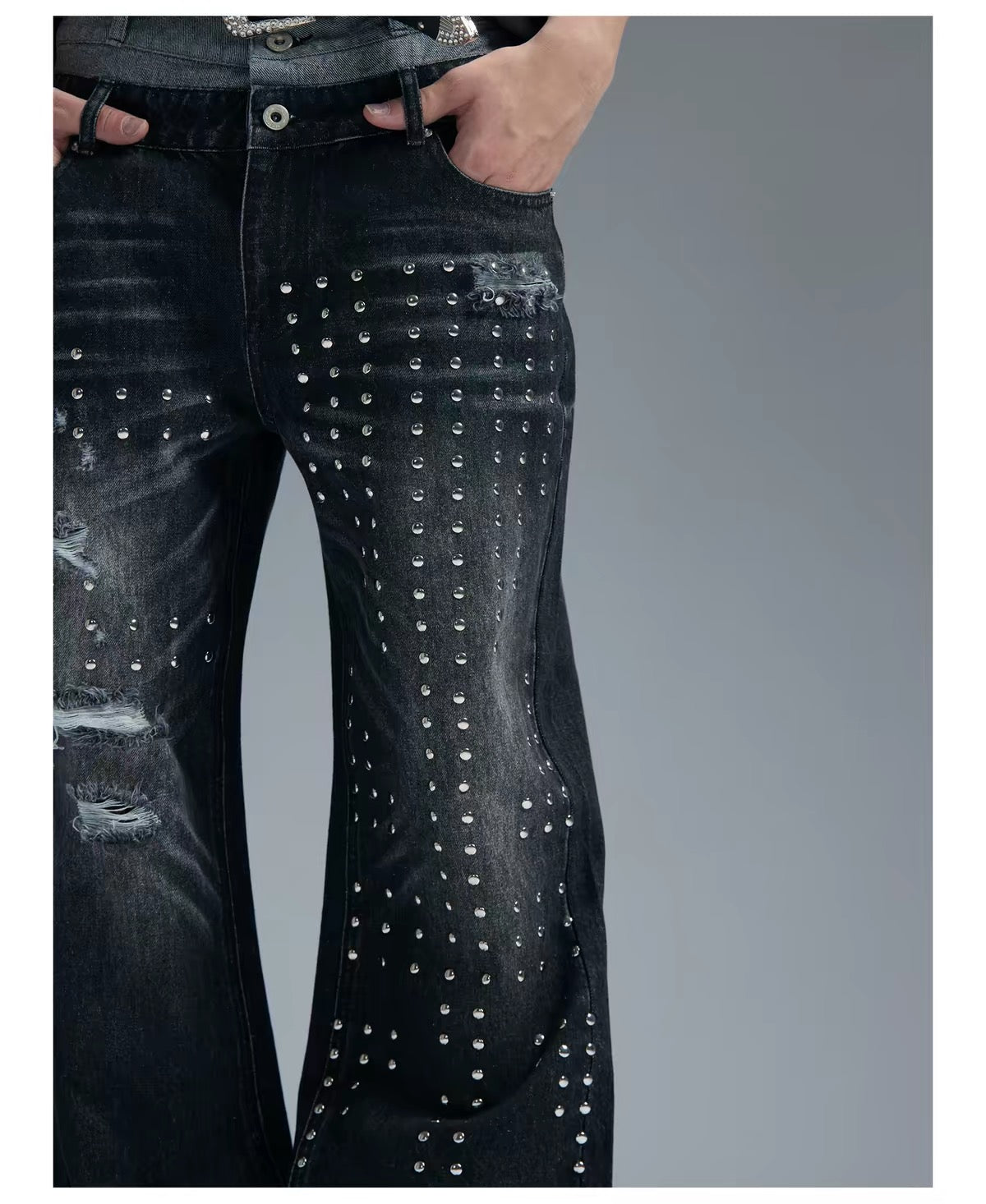 RIVETED RHINESTONE FLARED JEANS