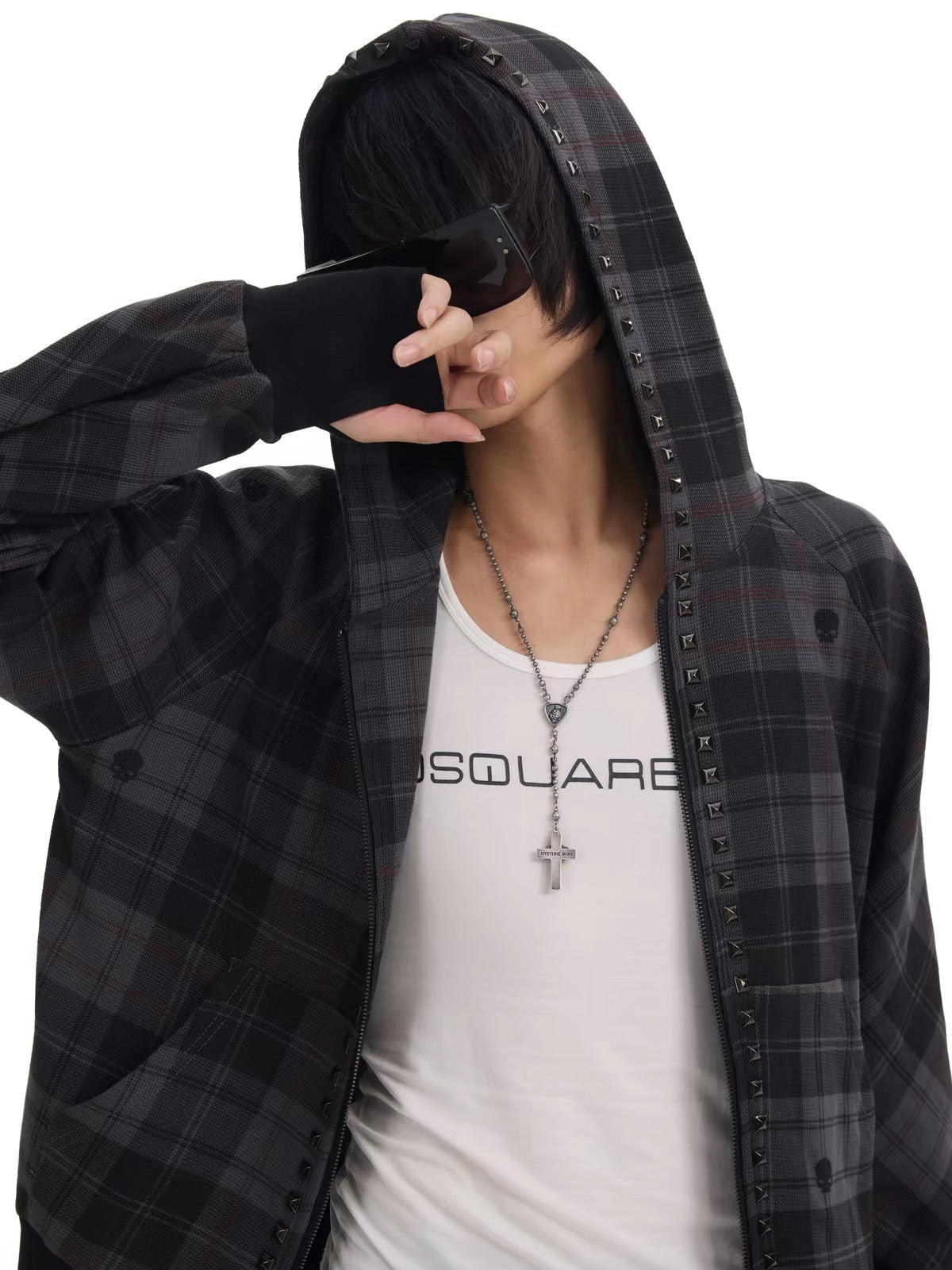SKULL CHECKERED OVERSIZED HOODIE