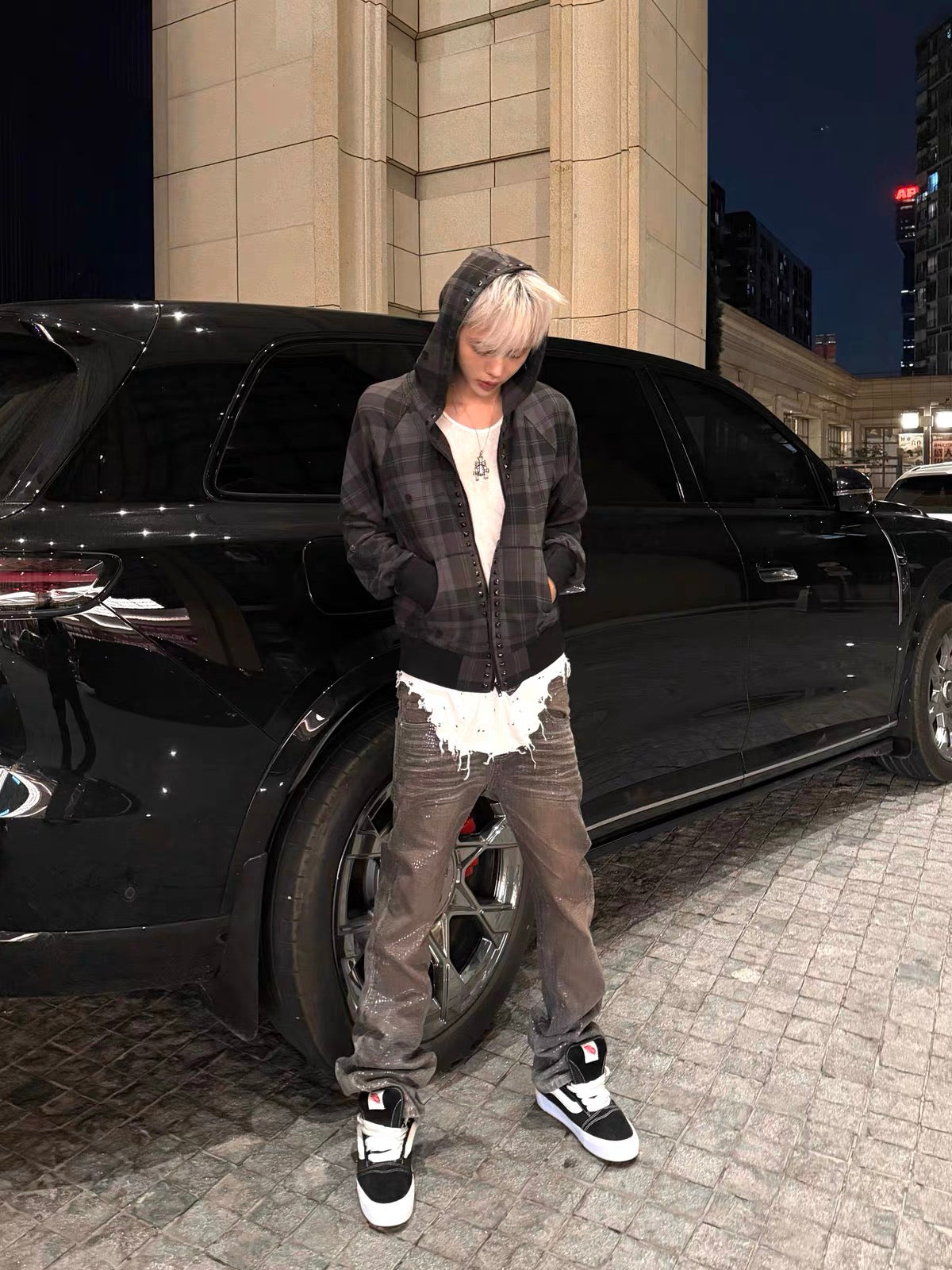 SKULL CHECKERED OVERSIZED HOODIE