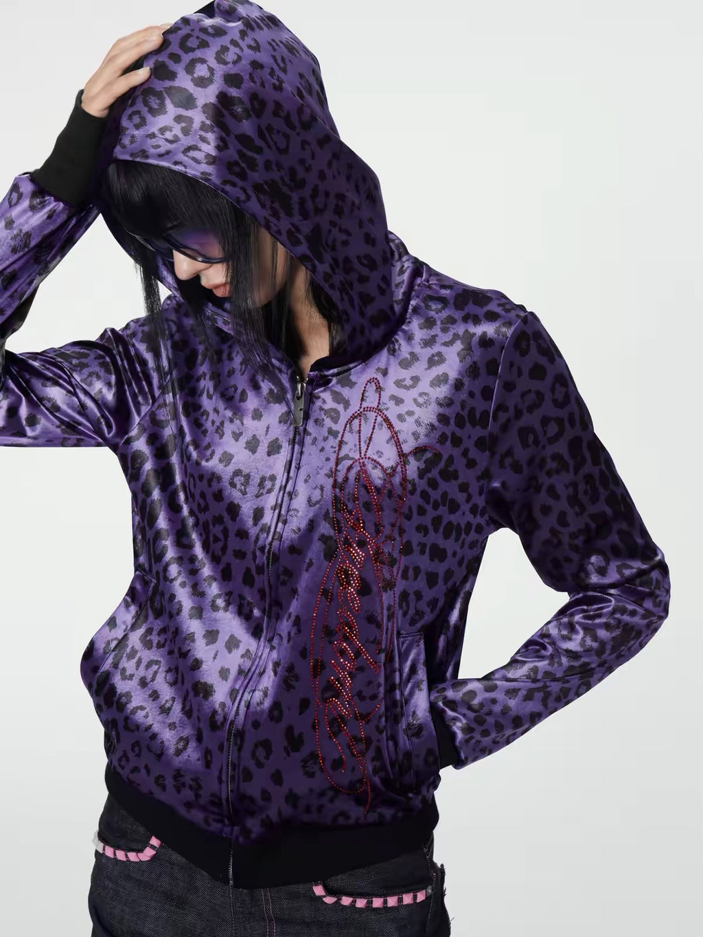 LEOPARD-PRINT RHINESTONE HOODIE