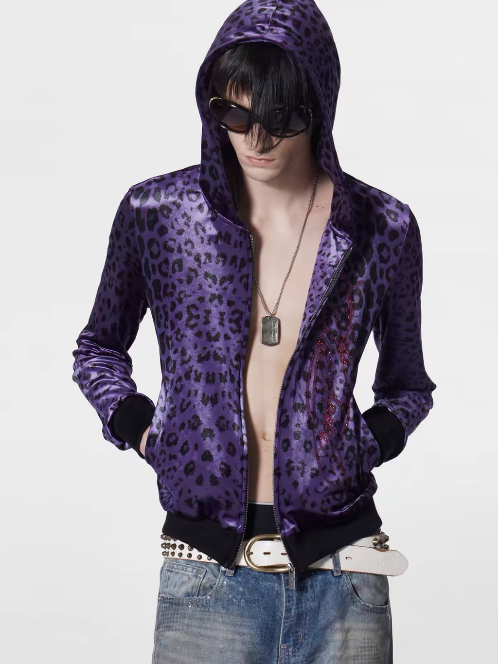 LEOPARD-PRINT RHINESTONE HOODIE