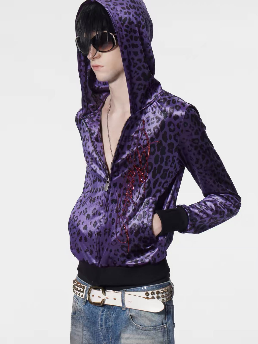 LEOPARD-PRINT RHINESTONE HOODIE