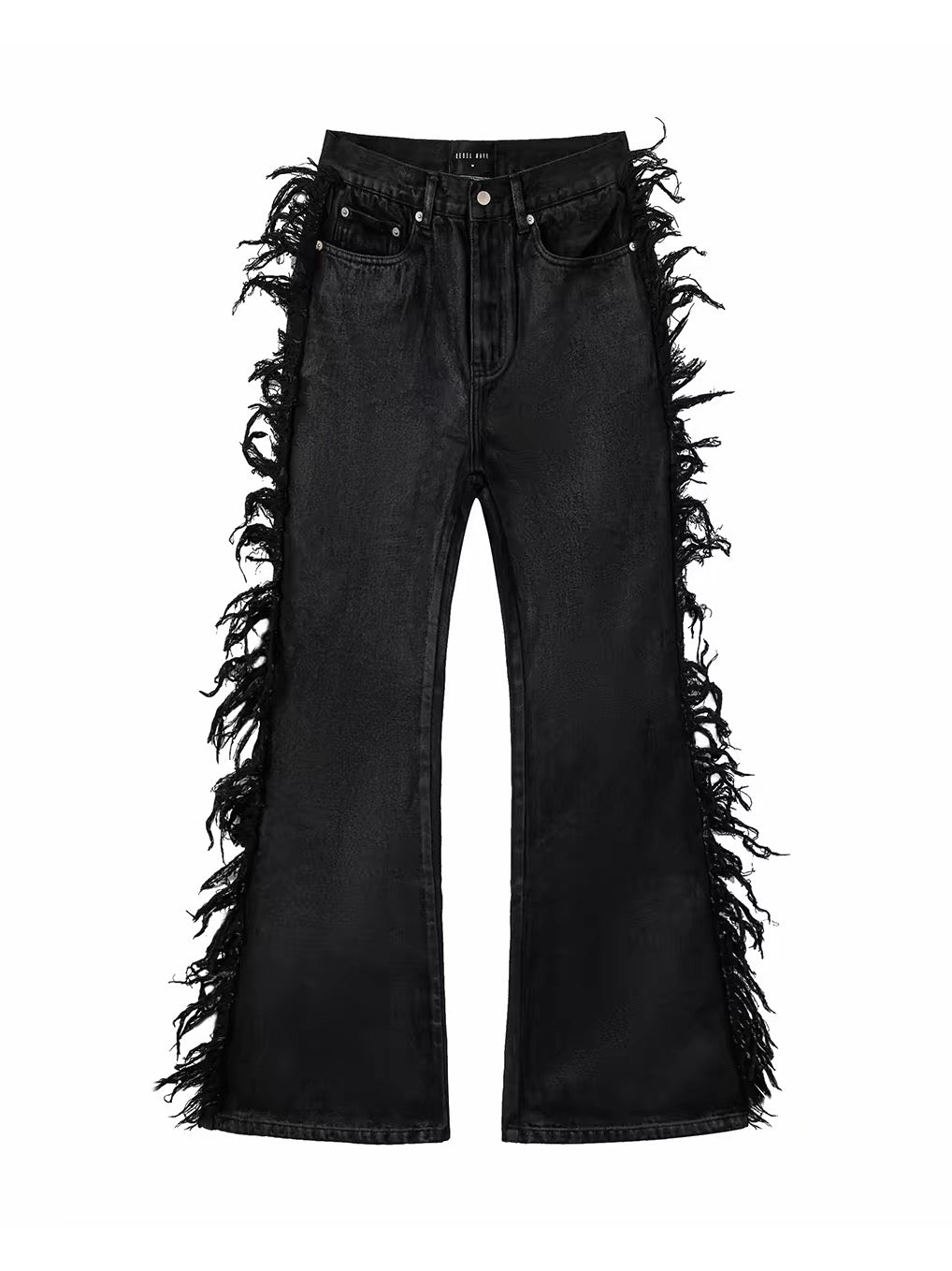 DISTRESSED FRINGE FLARE JEANS