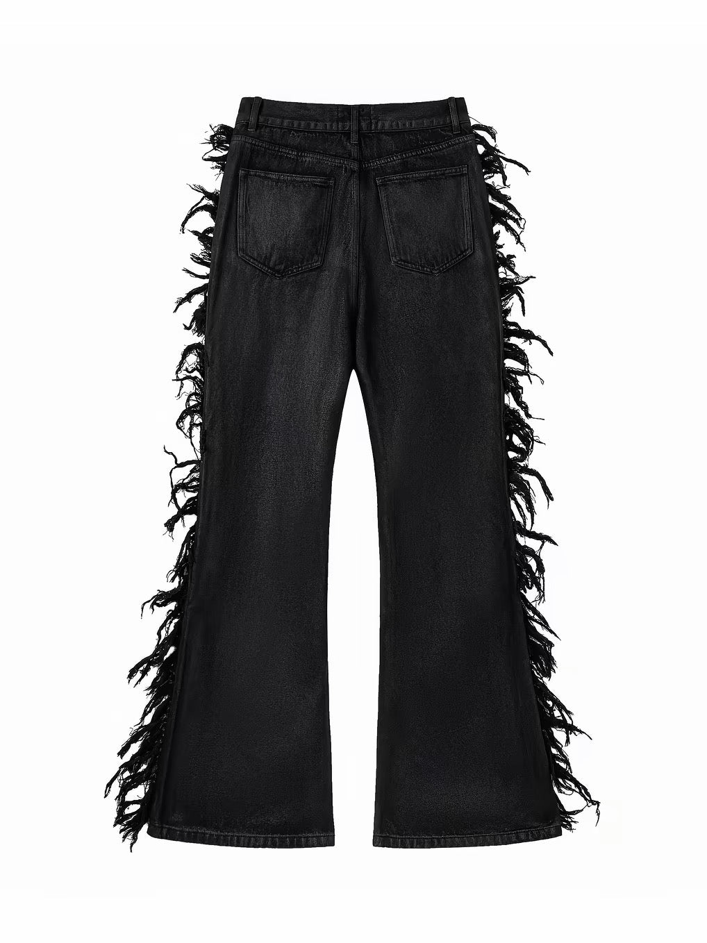 DISTRESSED FRINGE FLARE JEANS