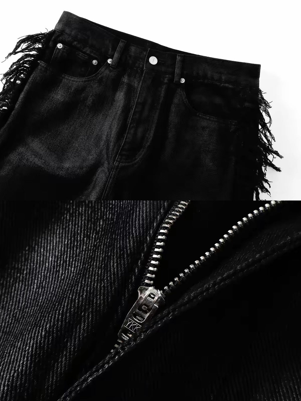DISTRESSED FRINGE FLARE JEANS