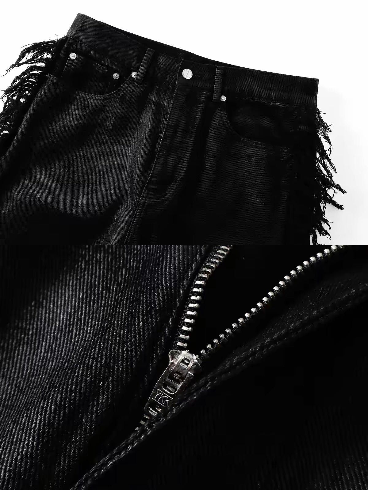 DISTRESSED FRINGE FLARE JEANS