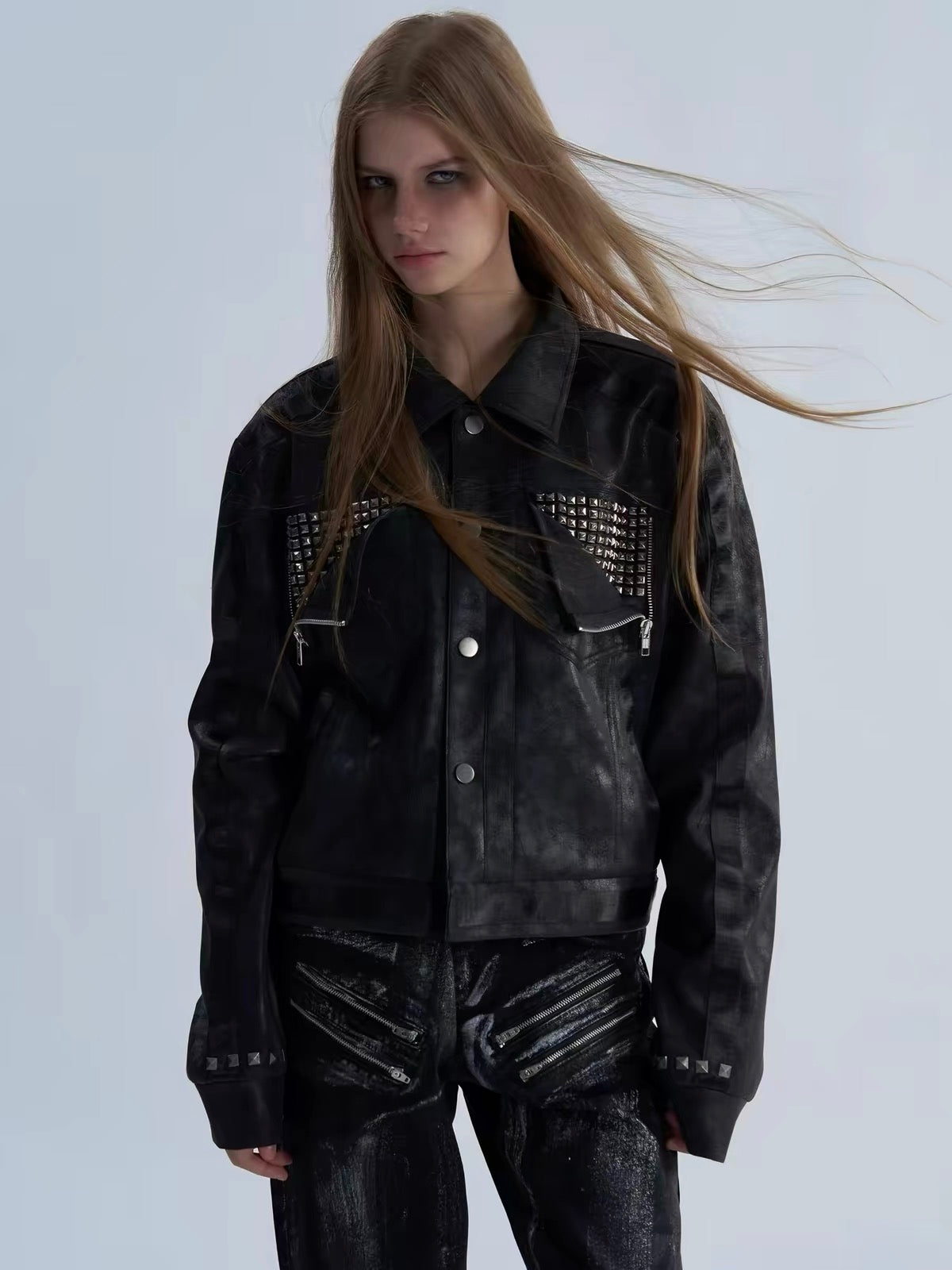 STUDDED CRACKED LEATHER JACKET
