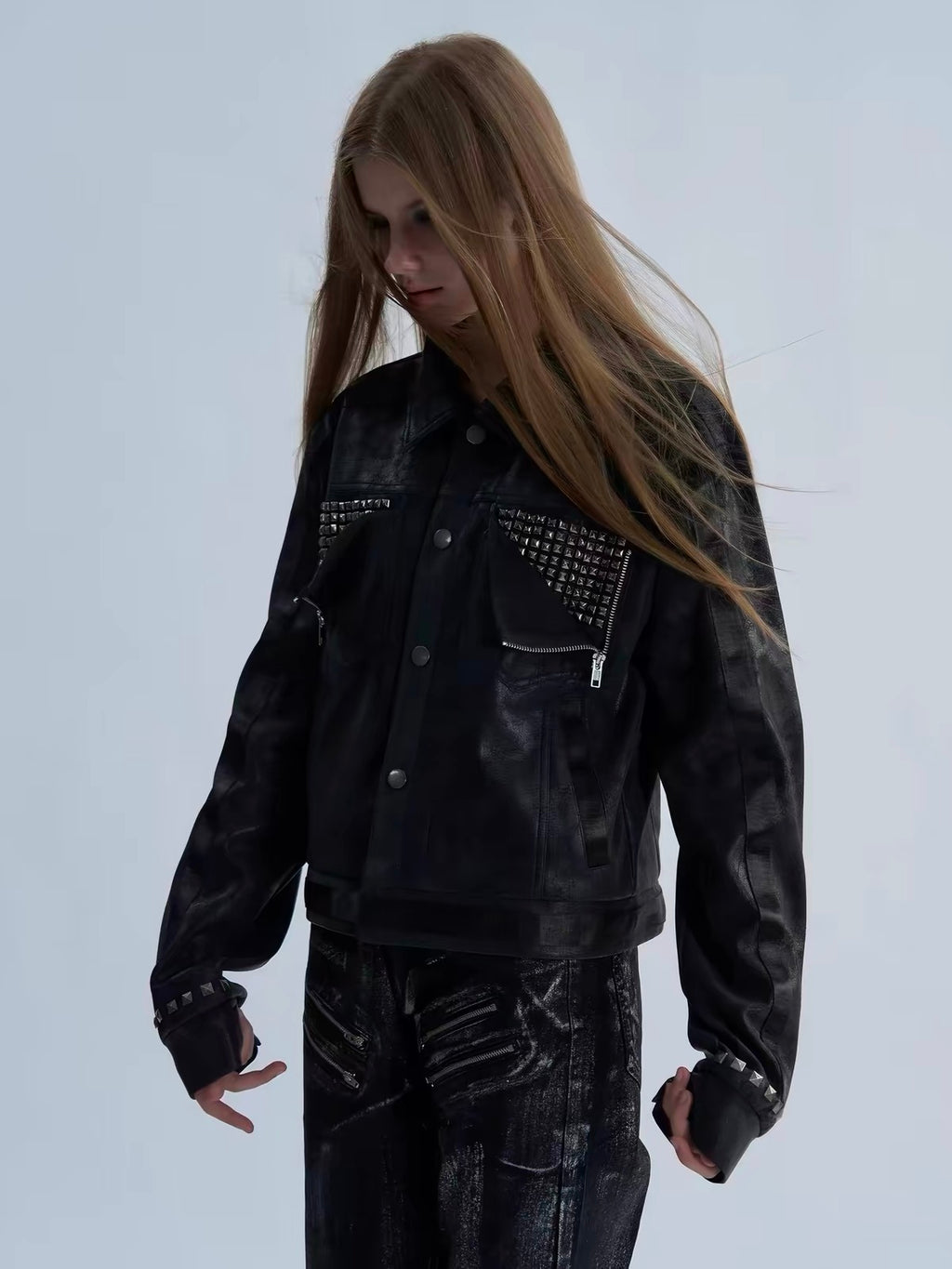 STUDDED CRACKED LEATHER JACKET