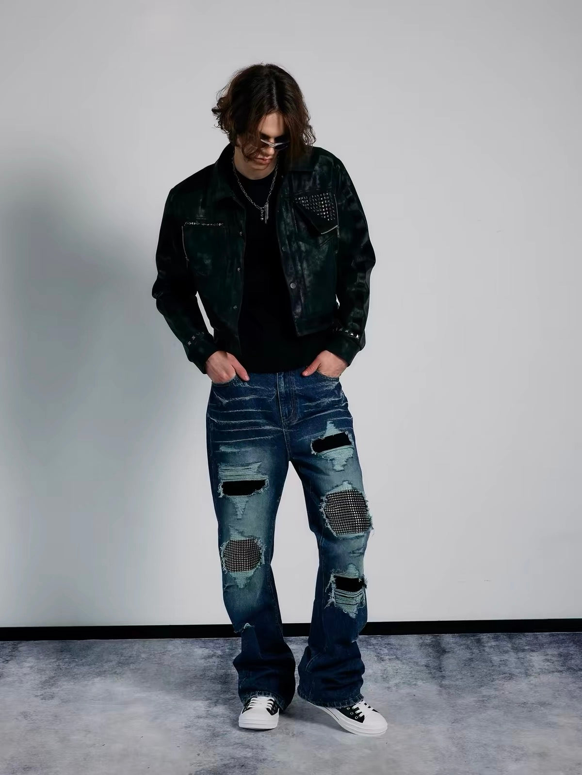 STUDDED CRACKED LEATHER JACKET