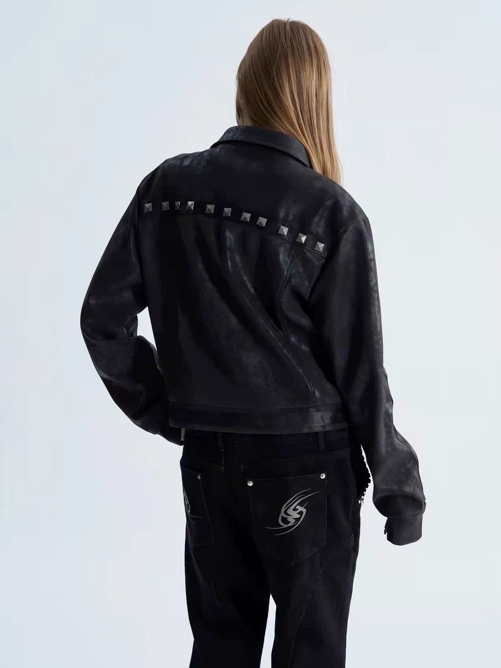 STUDDED CRACKED LEATHER JACKET