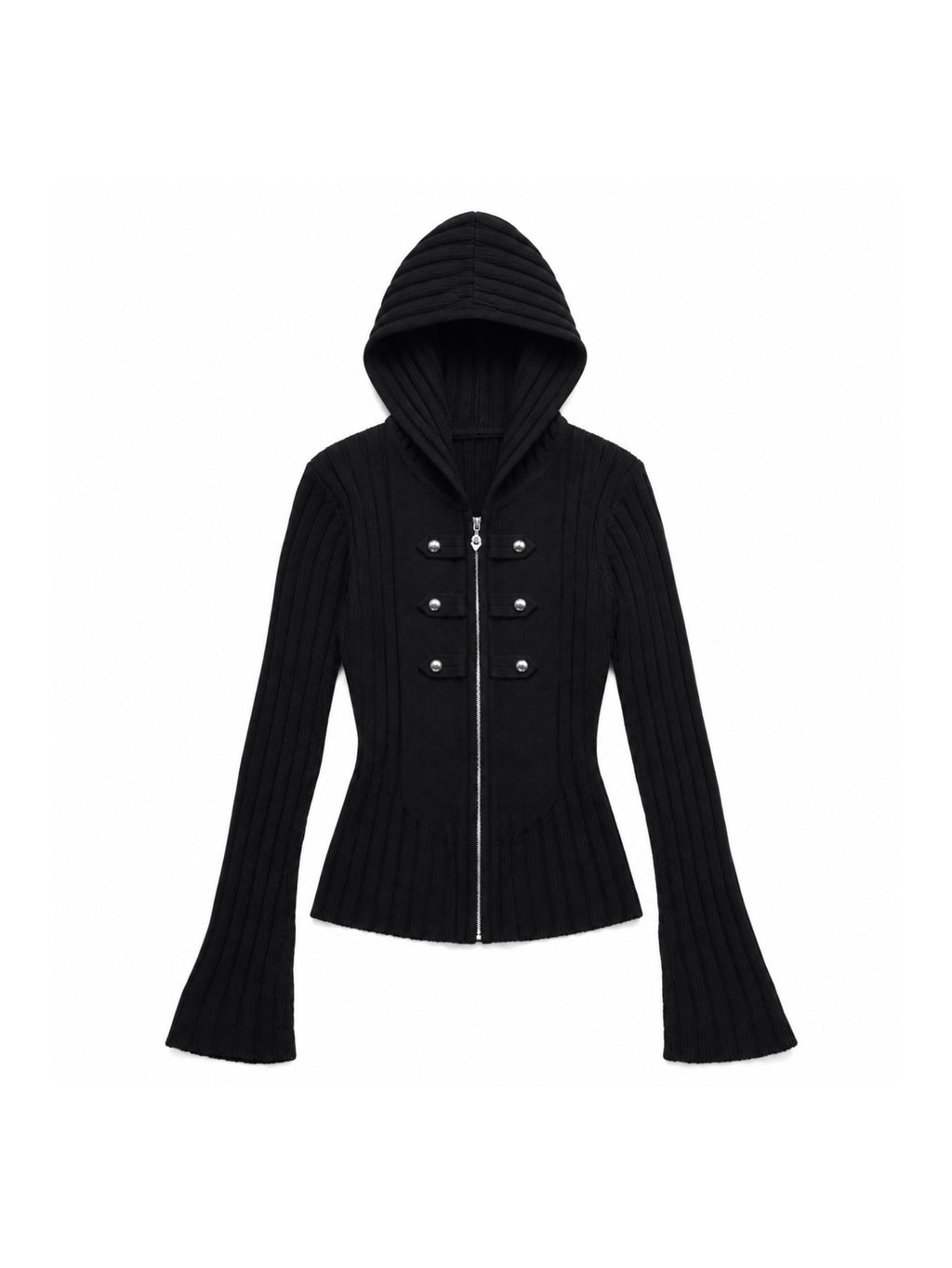 METAL BUTTON RIBBED ZIP HOODIE