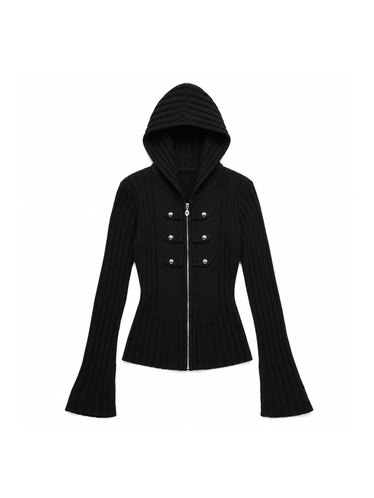 METAL BUTTON RIBBED ZIP HOODIE