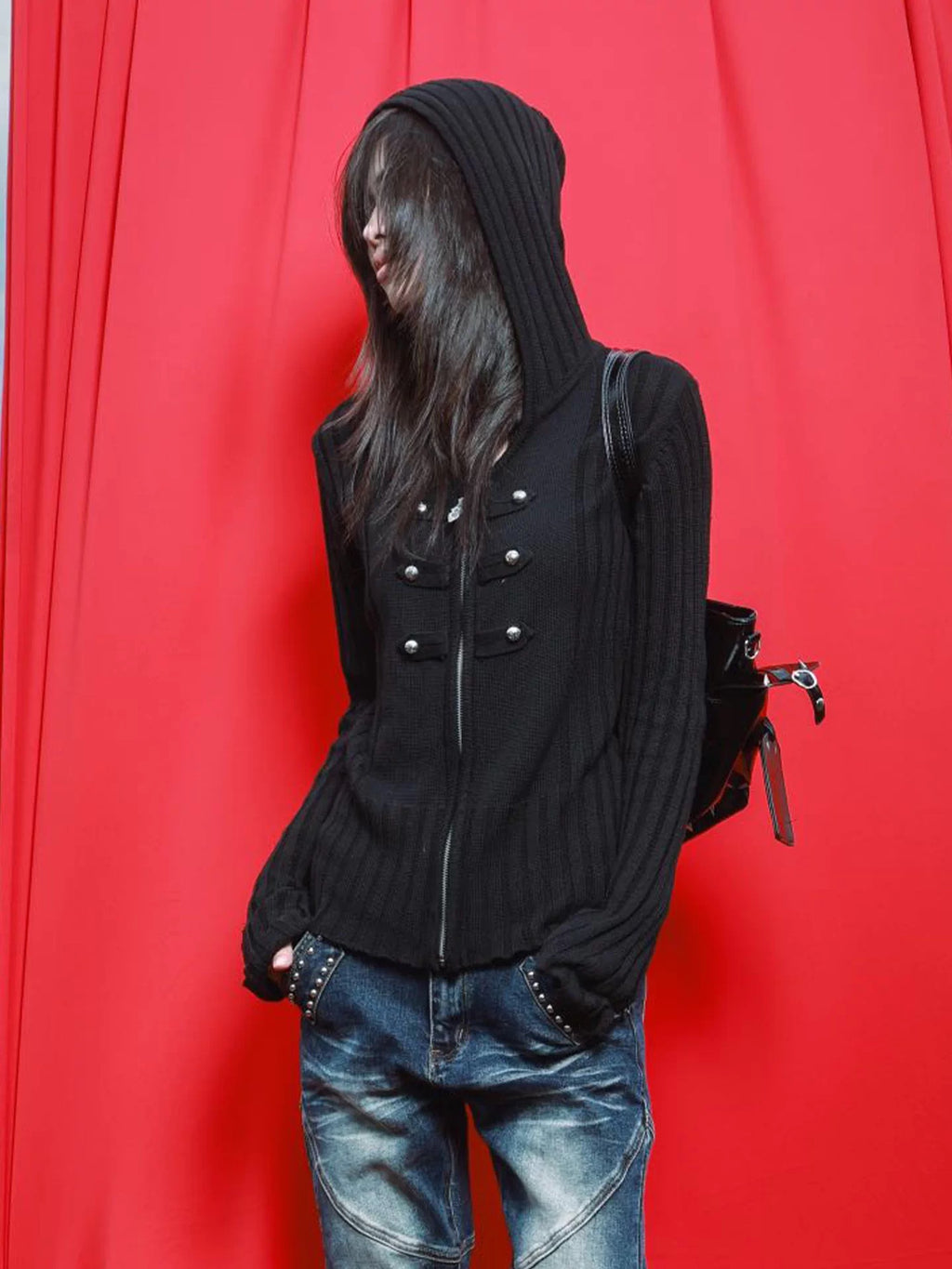 METAL BUTTON RIBBED ZIP HOODIE