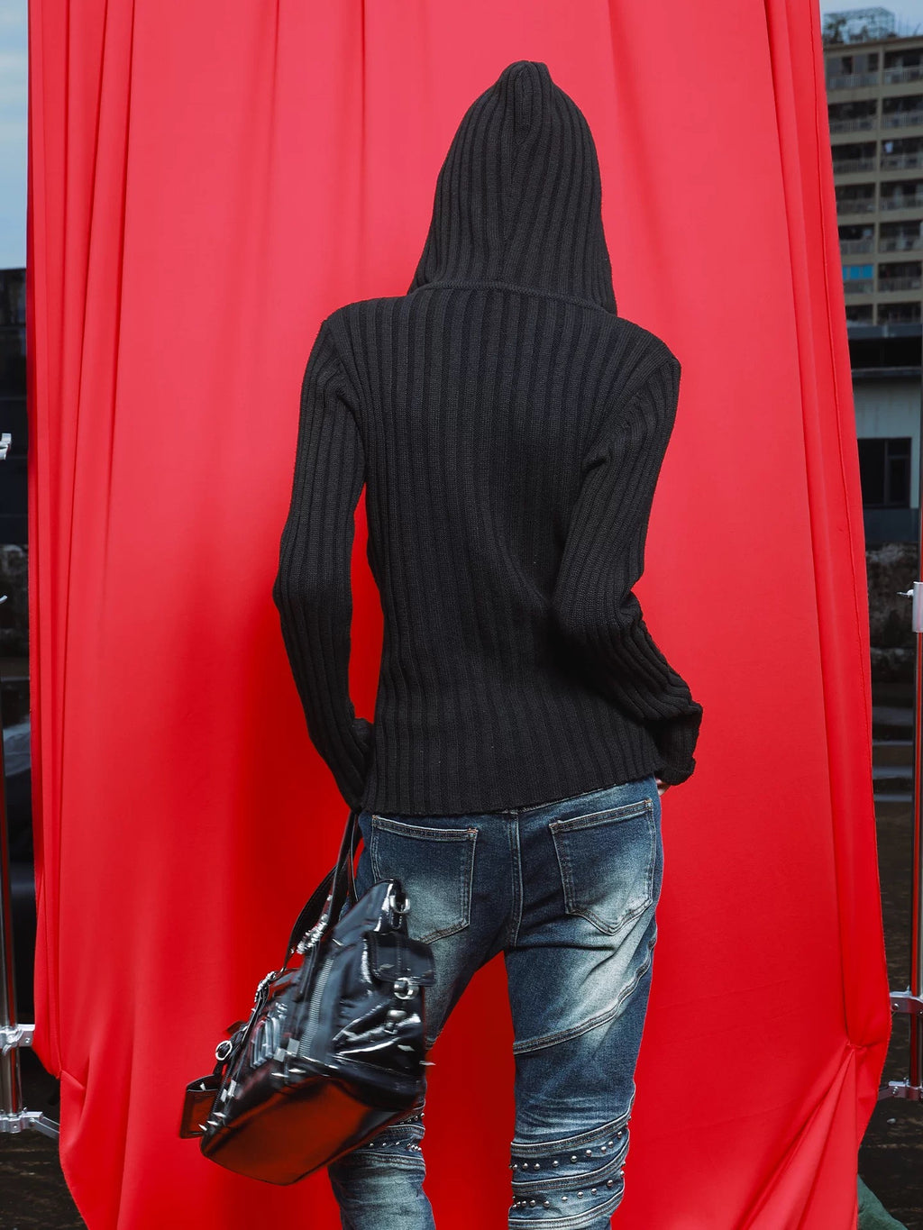 METAL BUTTON RIBBED ZIP HOODIE