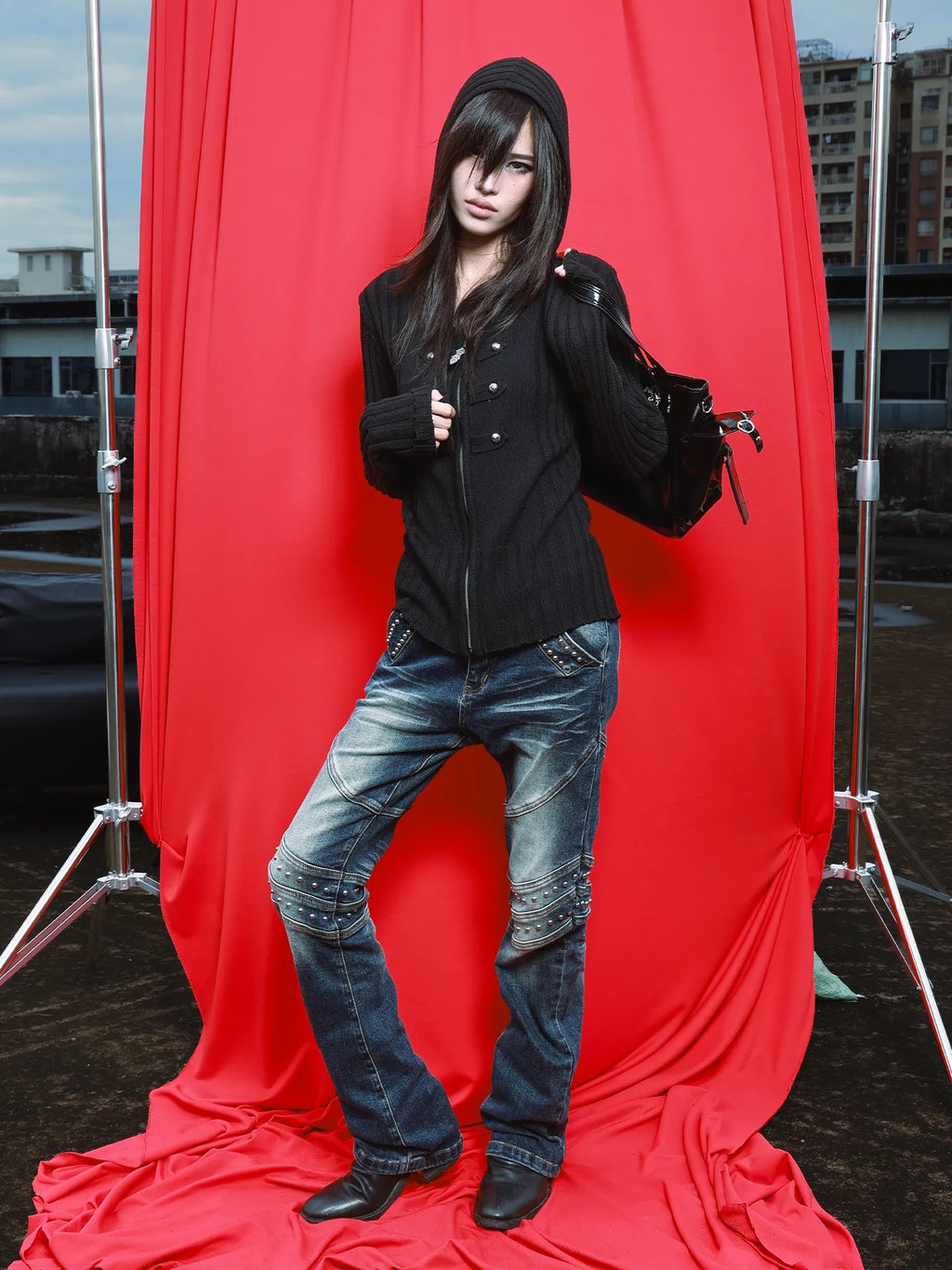 METAL BUTTON RIBBED ZIP HOODIE