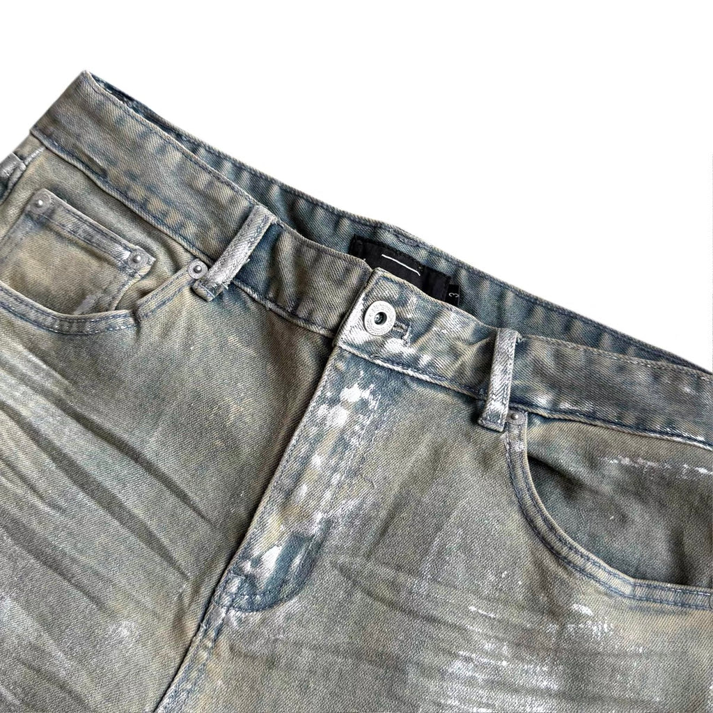 METALLIC COATED STACKED JEANS