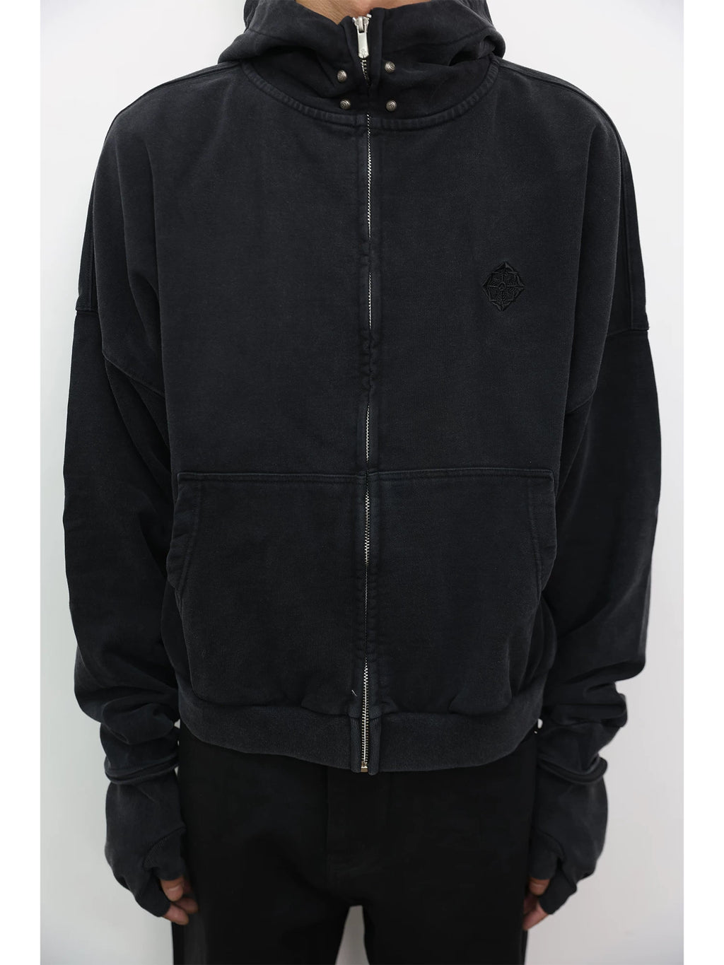 DISTRESSED BOXY FIT HOODIE WITH EMBROIDERED STUDS