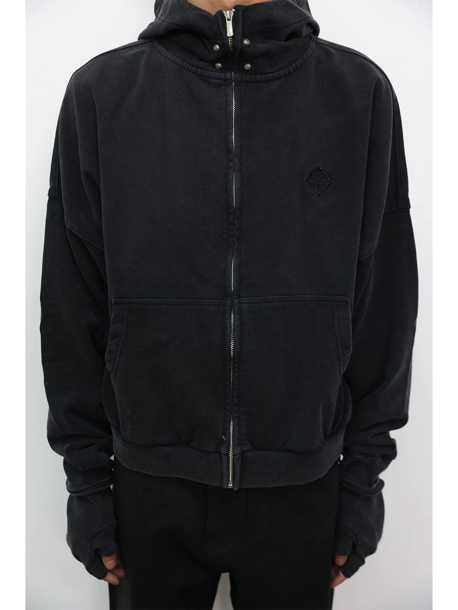 DISTRESSED BOXY FIT HOODIE WITH EMBROIDERED STUDS