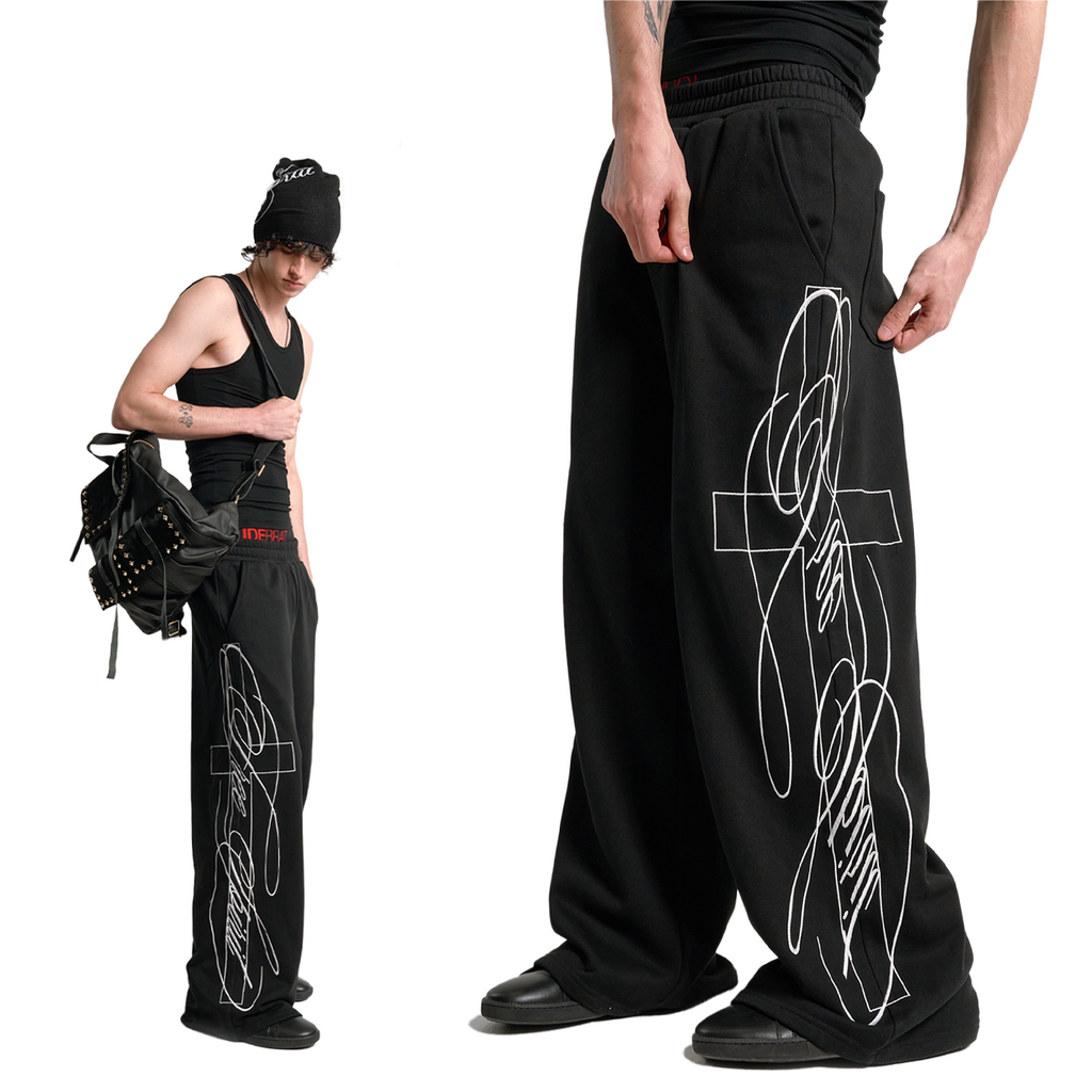 3D EMBROIDERY BAGGY SWEAT PANTS