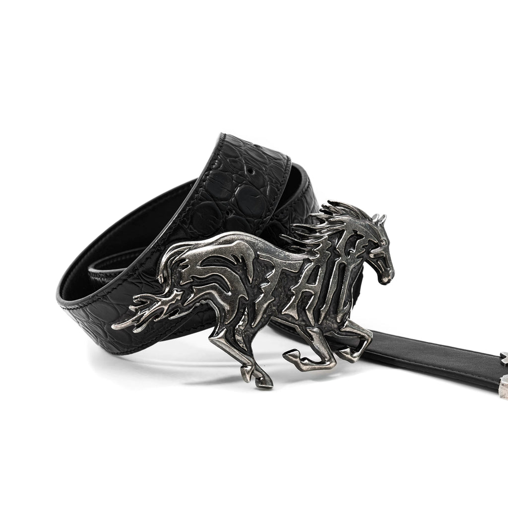 EMBOSSED LEATHER BELT WITH ALLOY HEAD