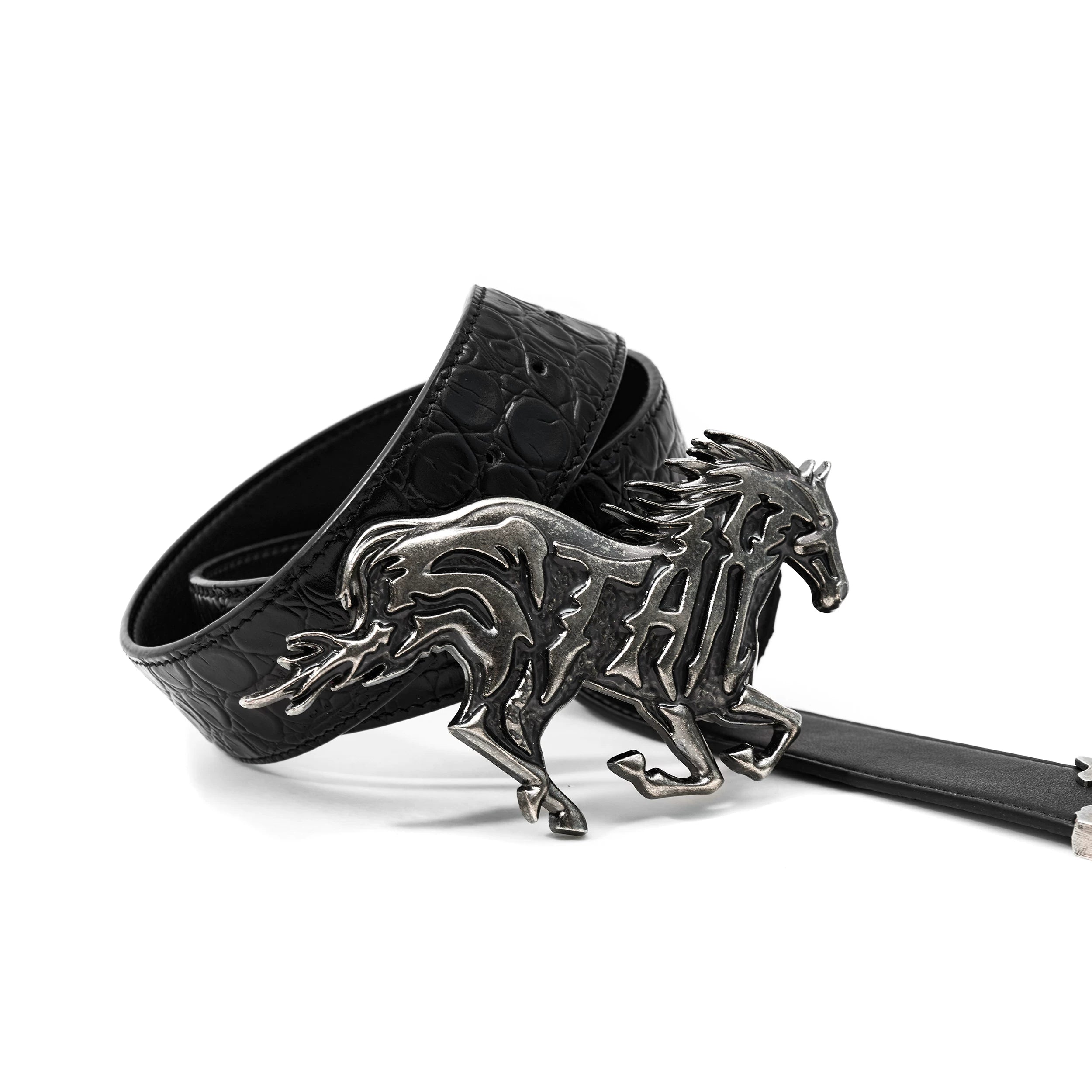 EMBOSSED LEATHER BELT WITH ALLOY HEAD