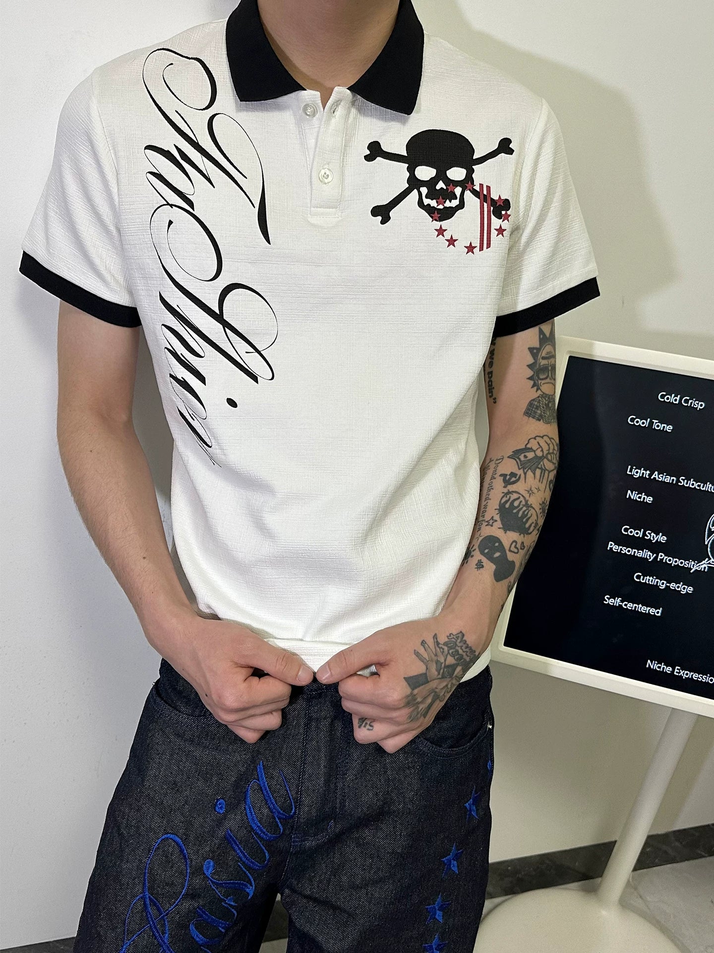 FLORAL SKULL PRINT POLO SHIRT