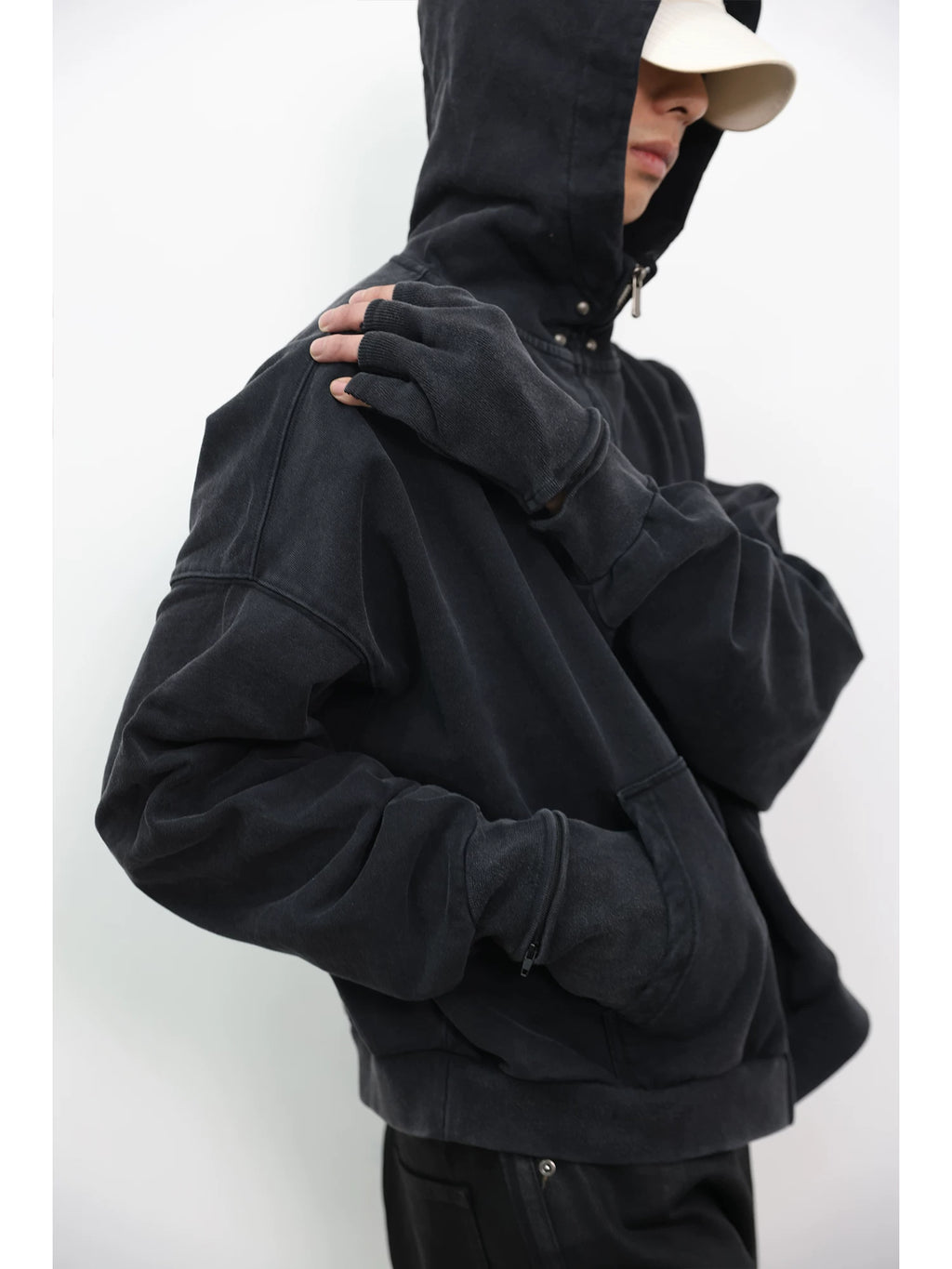 DISTRESSED BOXY FIT HOODIE WITH EMBROIDERED STUDS