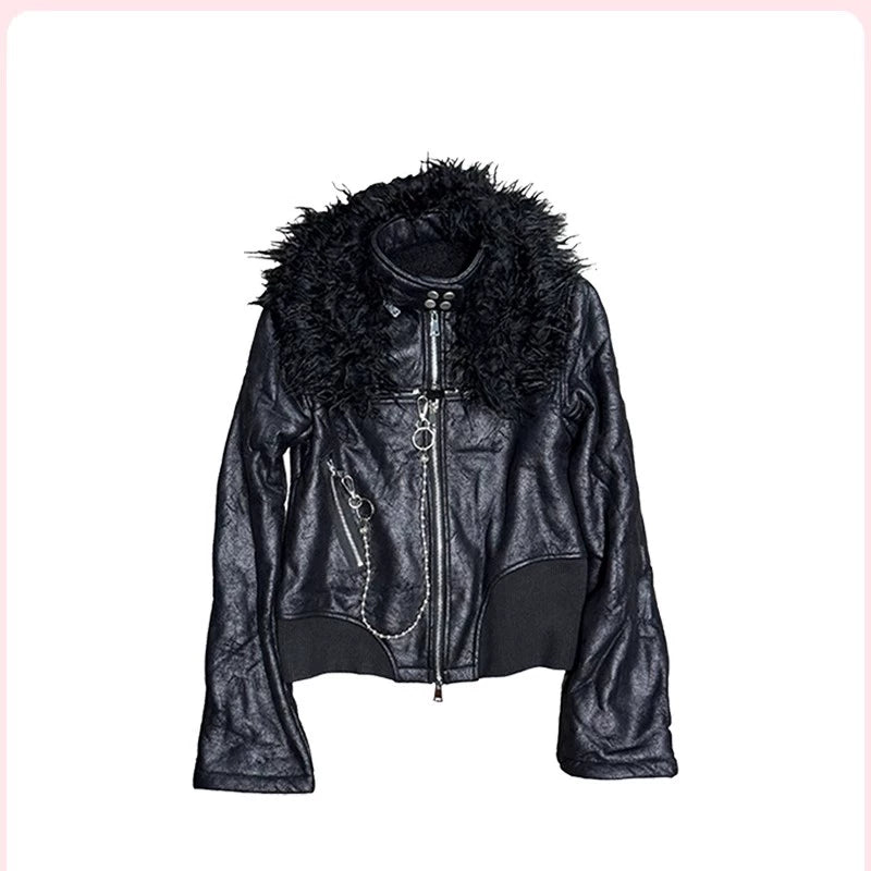FUR-COLLARED LEATHER JACKET