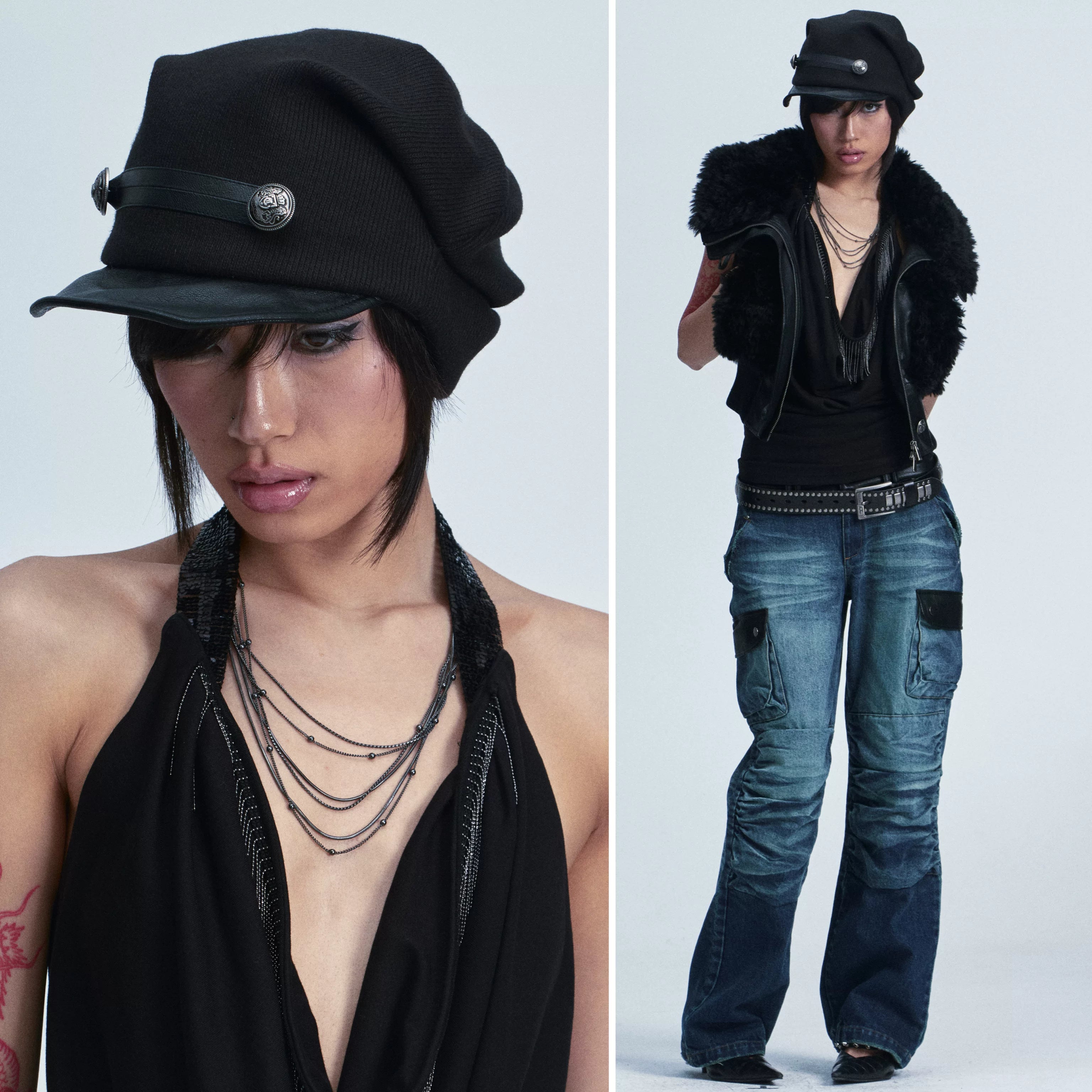 VINTAGE KNIT PATCHWORK LEATHER HAT