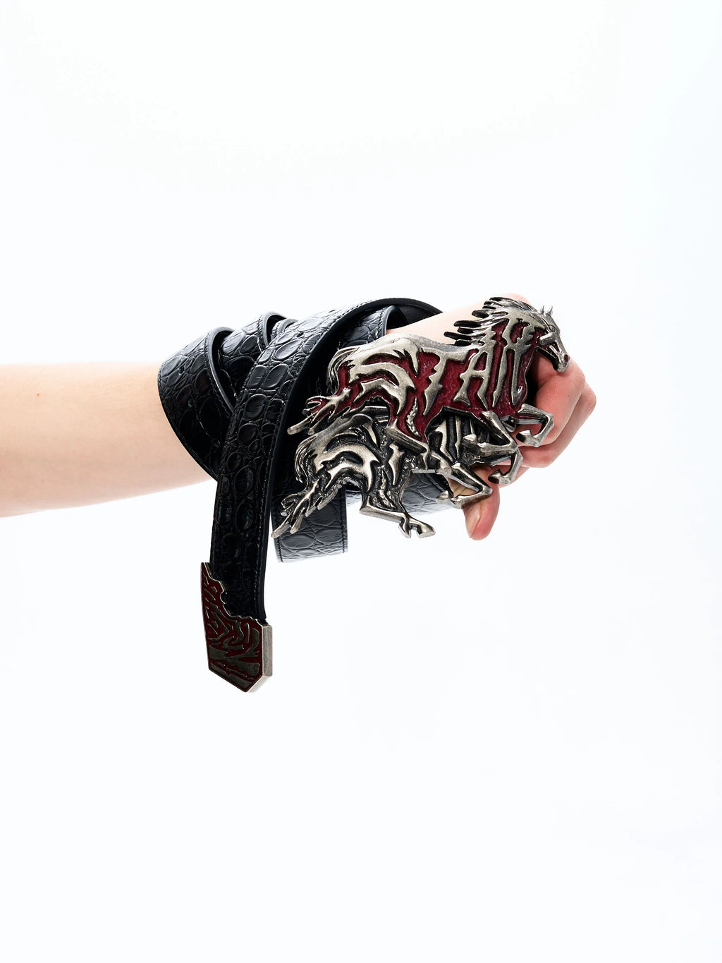 EMBOSSED LEATHER BELT WITH ALLOY HEAD