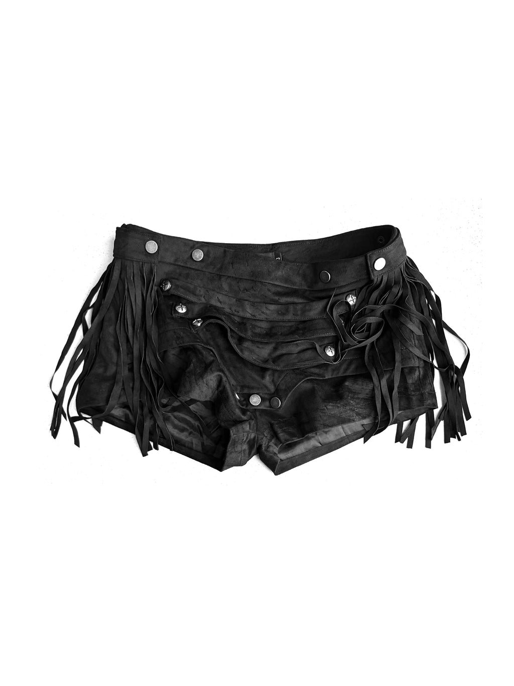 FRINGE STUDDED SUEDE SHORTS