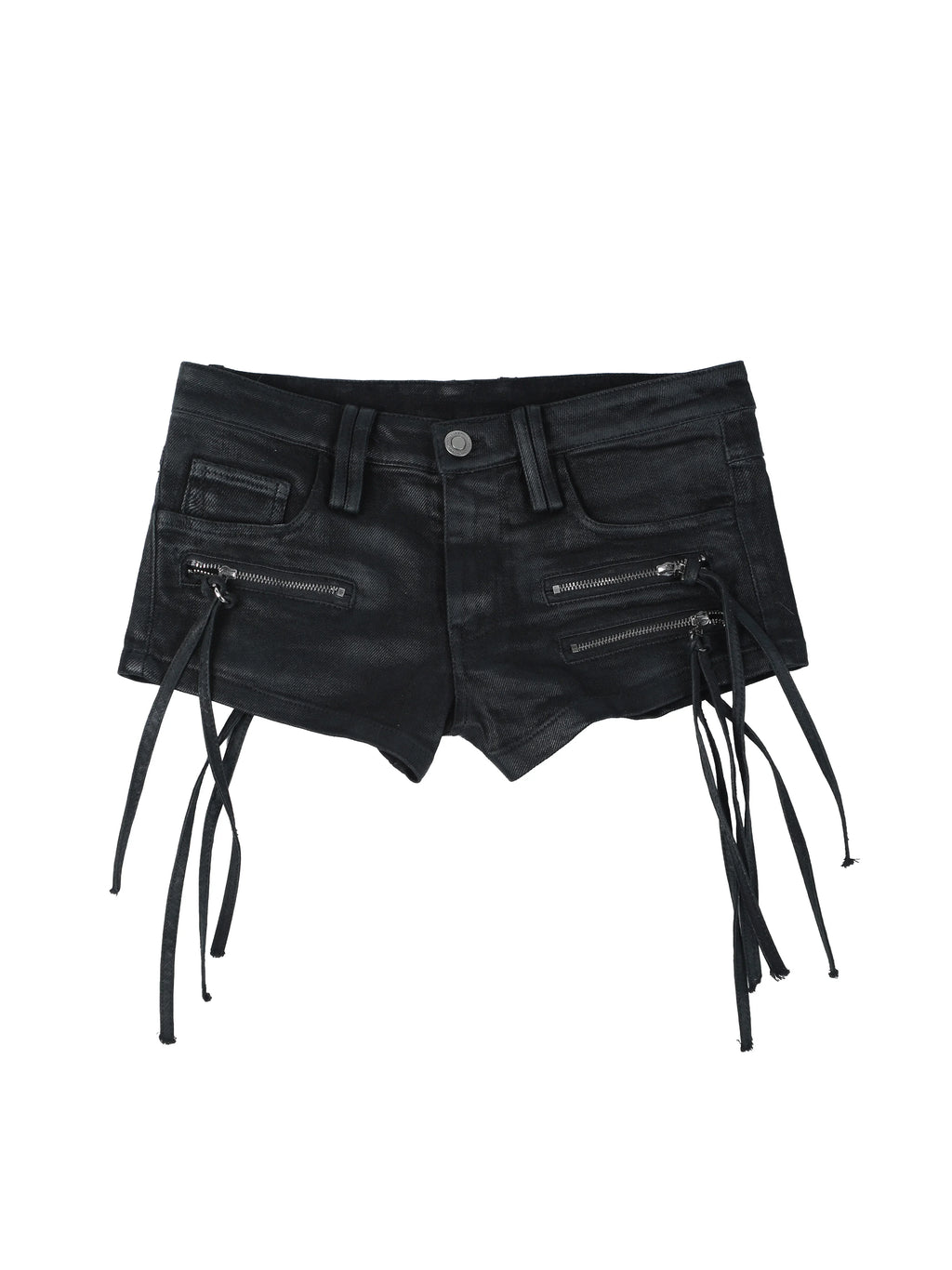 FRINGE WAXED DENIM HOT PANTS