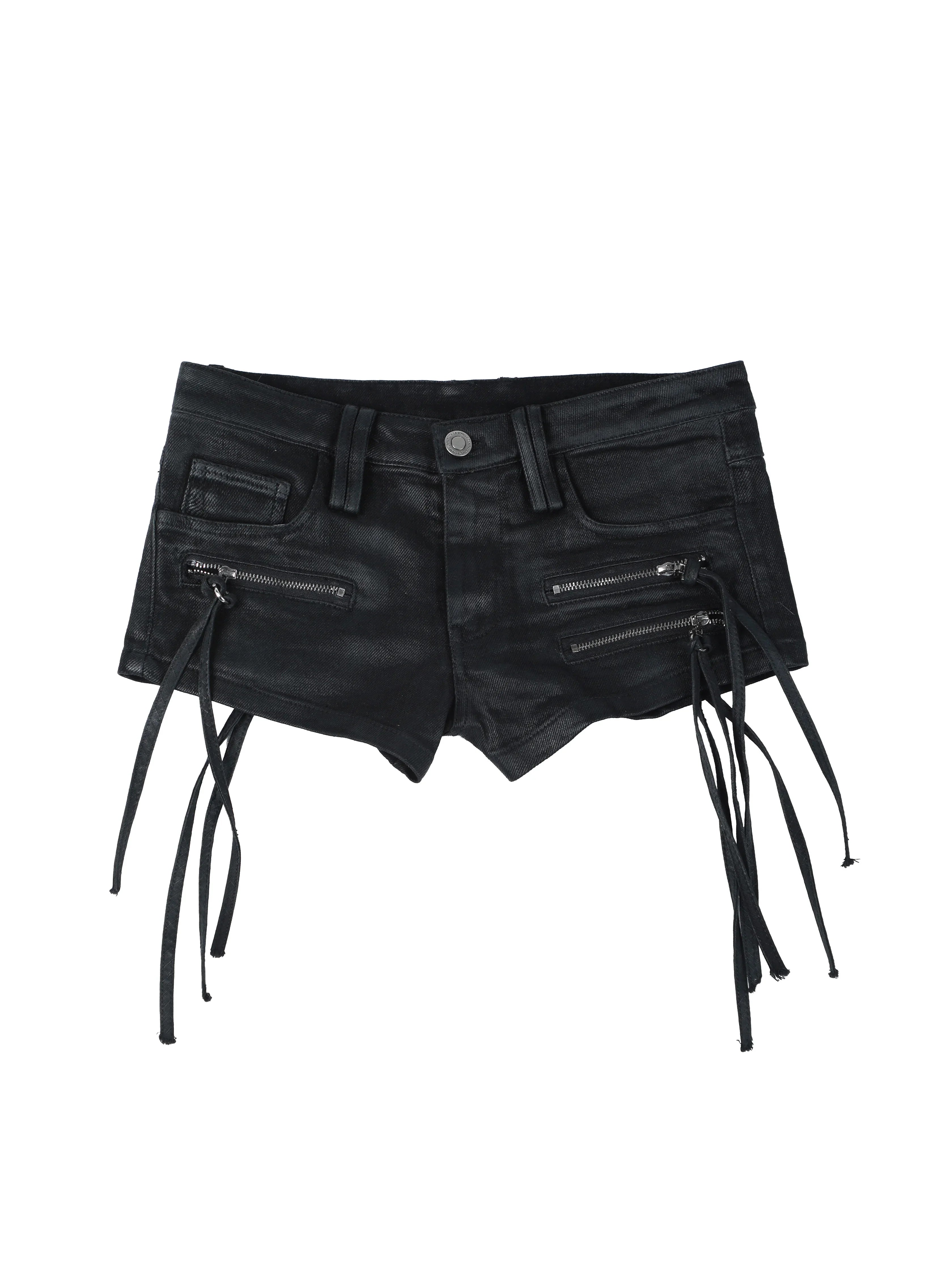 FRINGE WAXED DENIM HOT PANTS