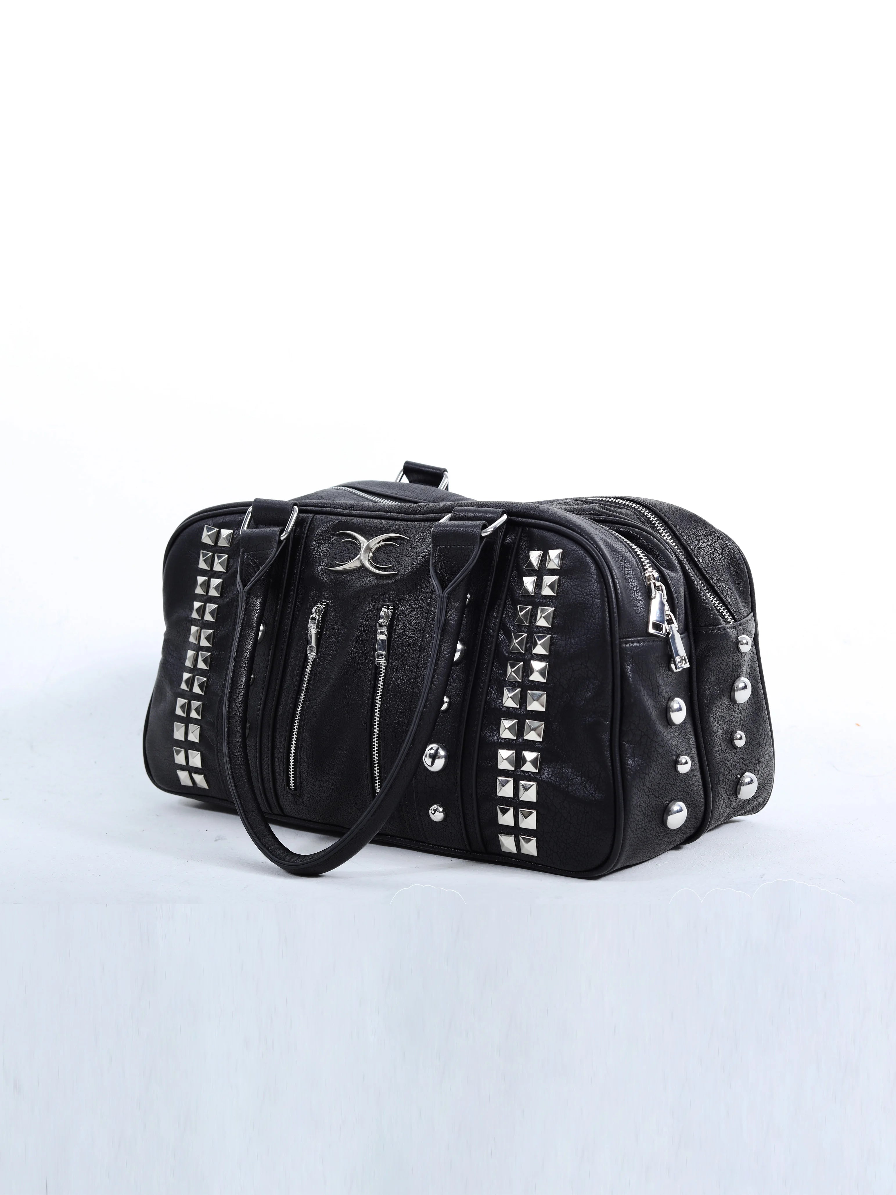 STUDDED ZIPPER LEATHER TOTE BAG