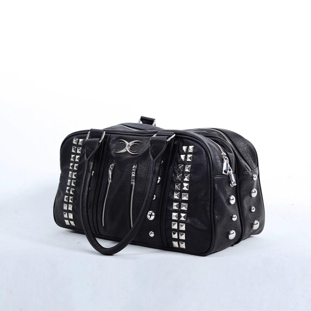 STUDDED ZIPPER LEATHER TOTE BAG